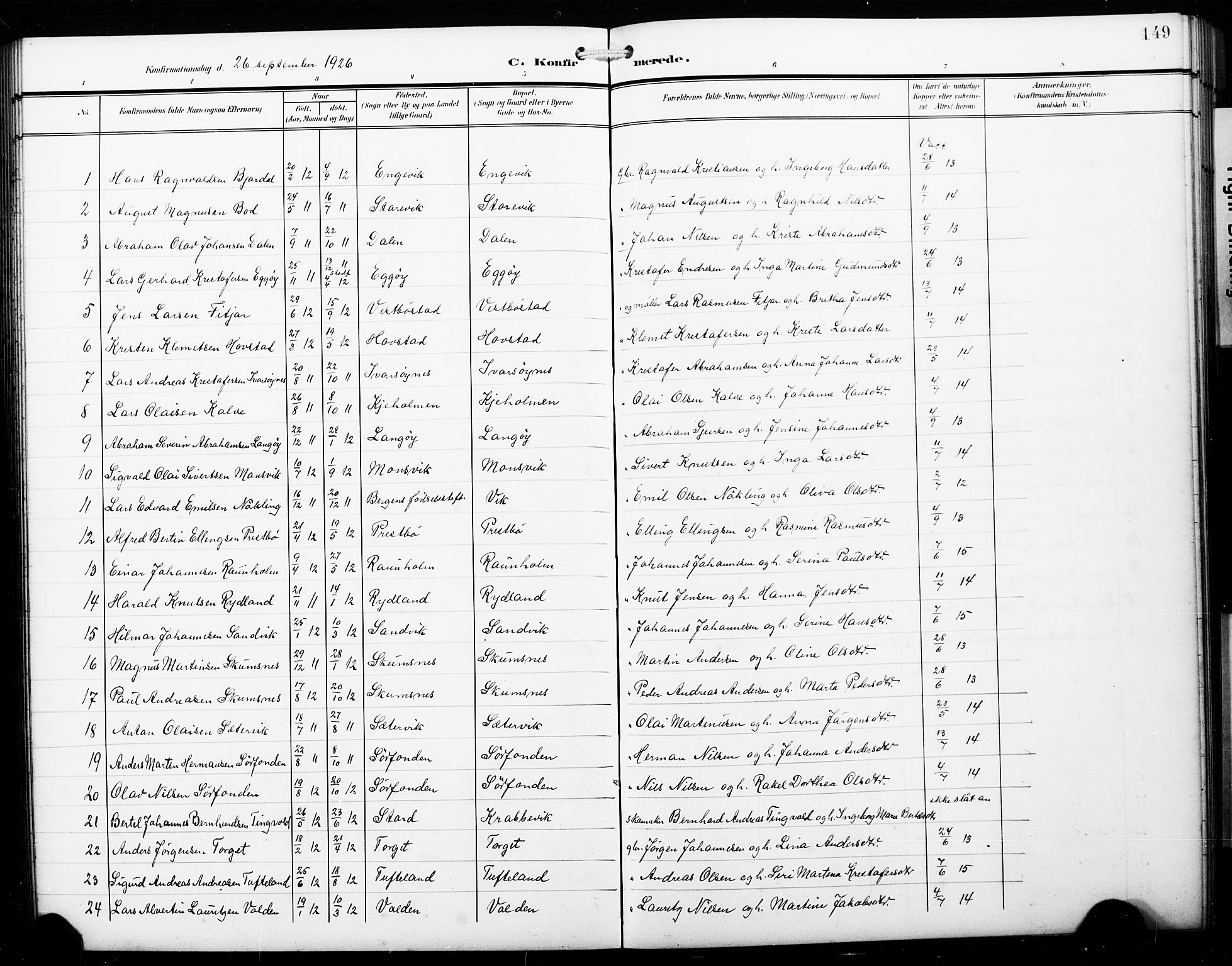 Fitjar sokneprestembete, SAB/A-99926: Parish register (copy) no. B 1, 1906-1928, p. 149