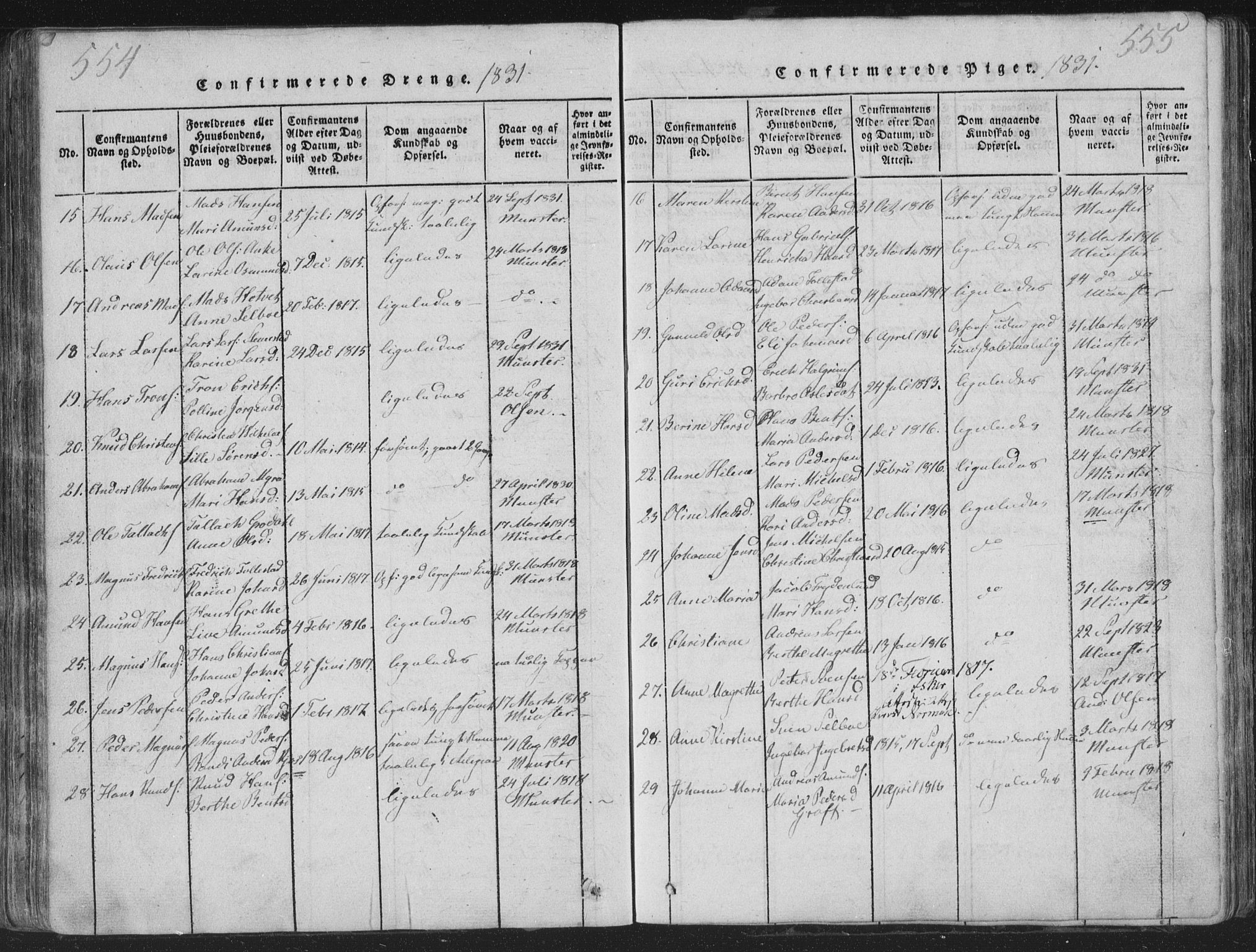 Røyken kirkebøker, AV/SAKO-A-241/G/Ga/L0003: Parish register (copy) no. 3, 1814-1856, p. 554-555