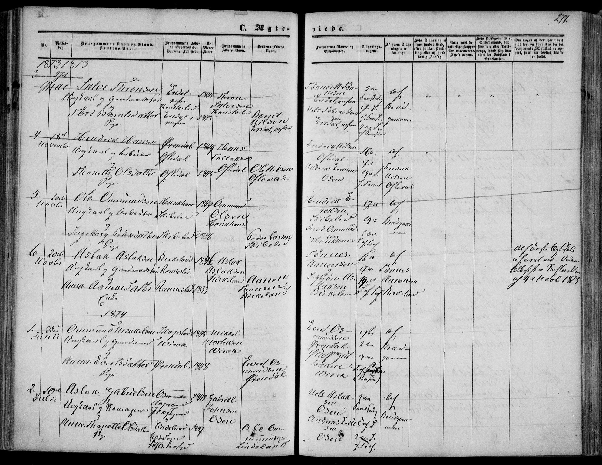 Bakke sokneprestkontor, SAK/1111-0002/F/Fa/Faa/L0006: Parish register (official) no. A 6, 1855-1877, p. 277