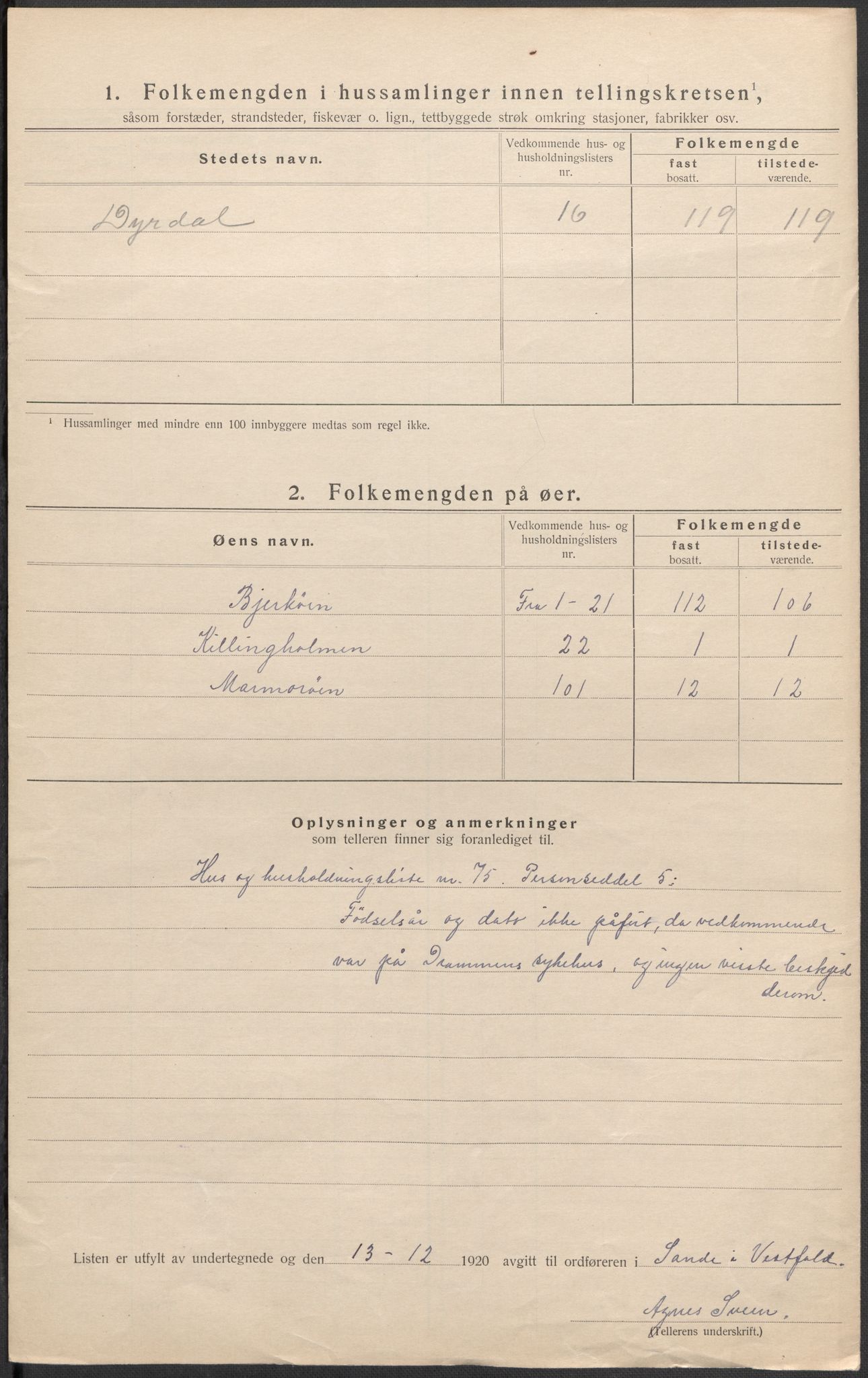 SAKO, 1920 census for Sande, 1920, p. 36