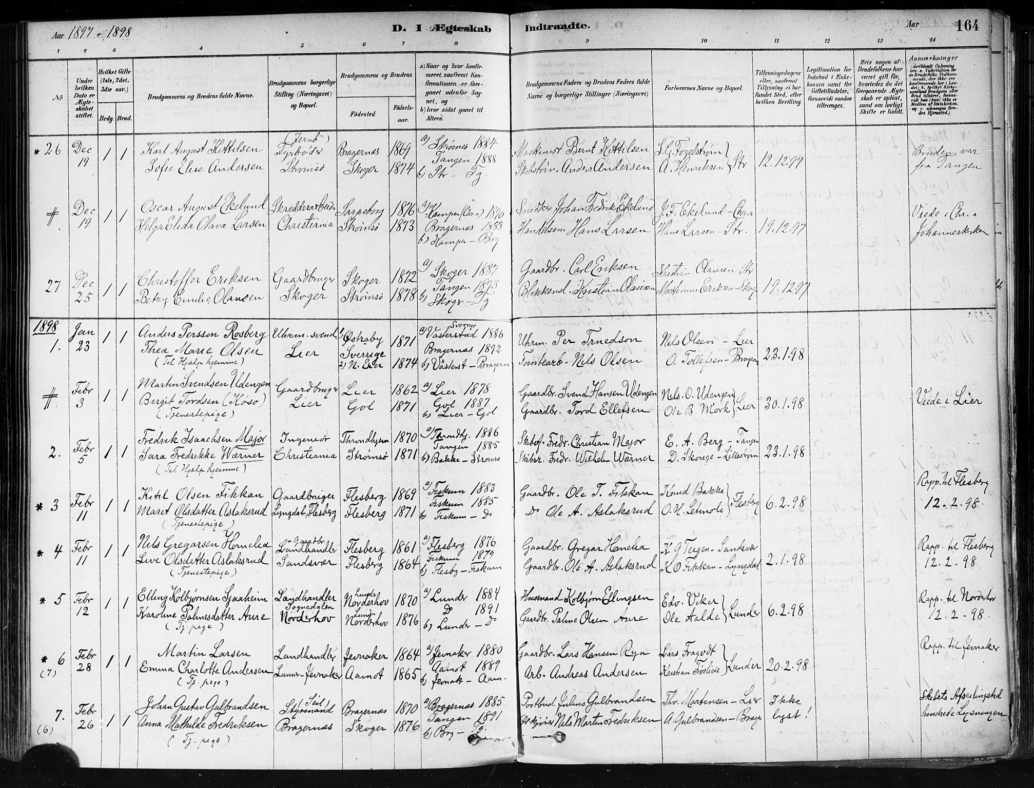 Strømsø kirkebøker, AV/SAKO-A-246/F/Fa/L0022: Parish register (official) no. I 22, 1879-1899, p. 164