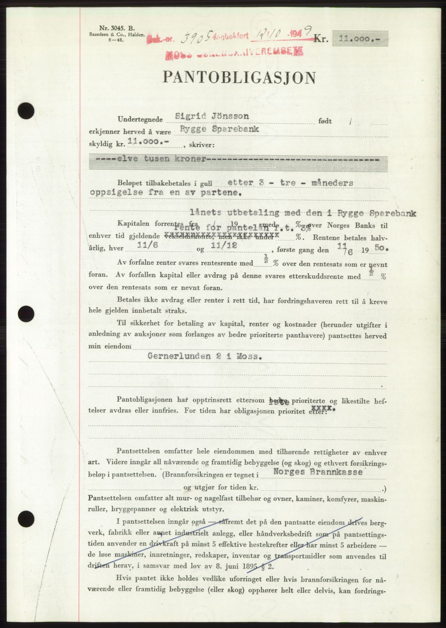 Moss sorenskriveri, SAO/A-10168: Mortgage book no. B23, 1949-1950, Diary no: : 3905/1949