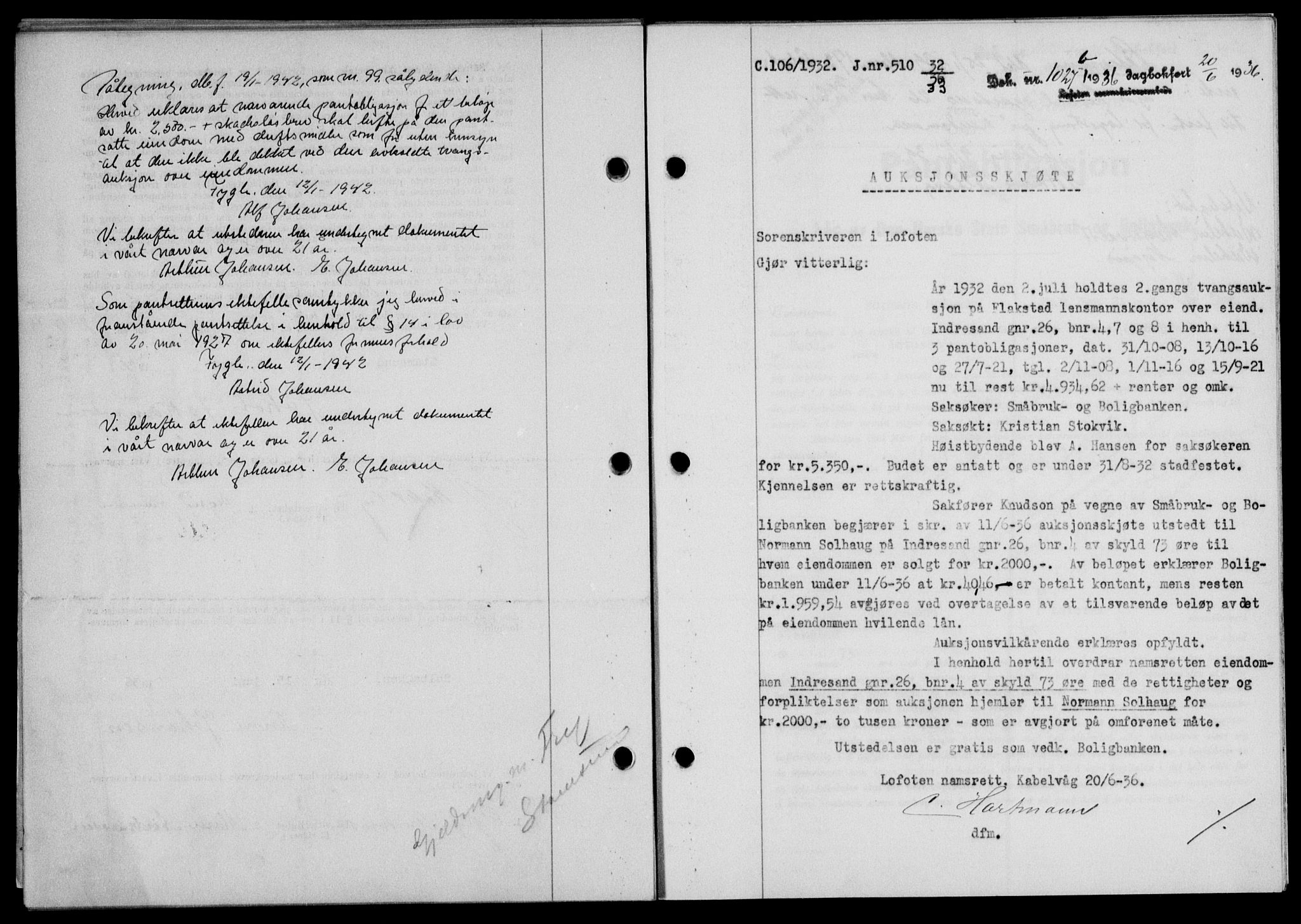 Lofoten sorenskriveri, SAT/A-0017/1/2/2C/L0033b: Mortgage book no. 33b, 1936-1936, Diary no: : 1027/1936