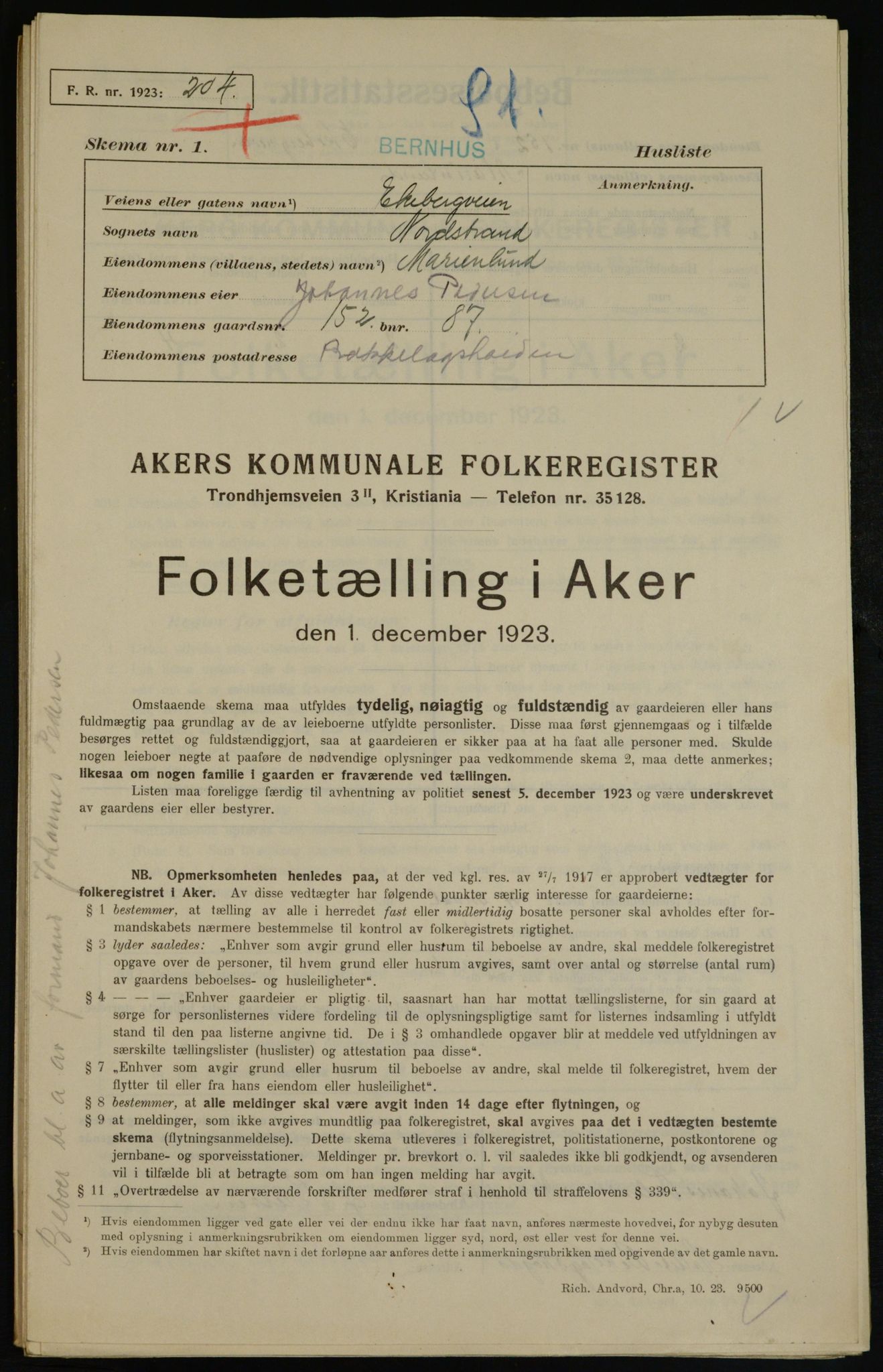 , Municipal Census 1923 for Aker, 1923, p. 37846