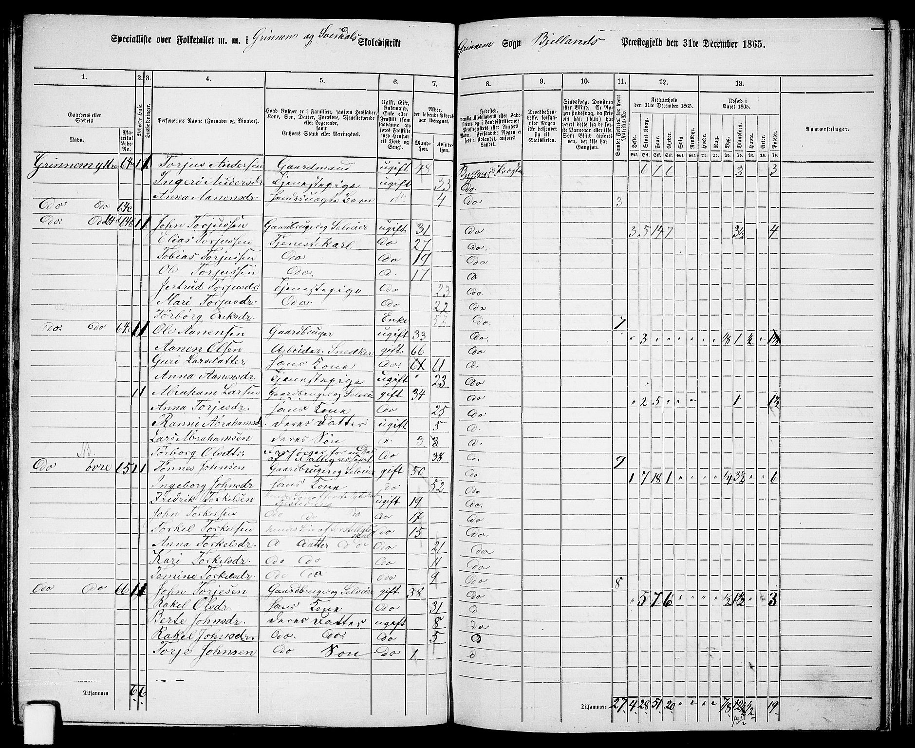 RA, 1865 census for Bjelland, 1865, p. 61