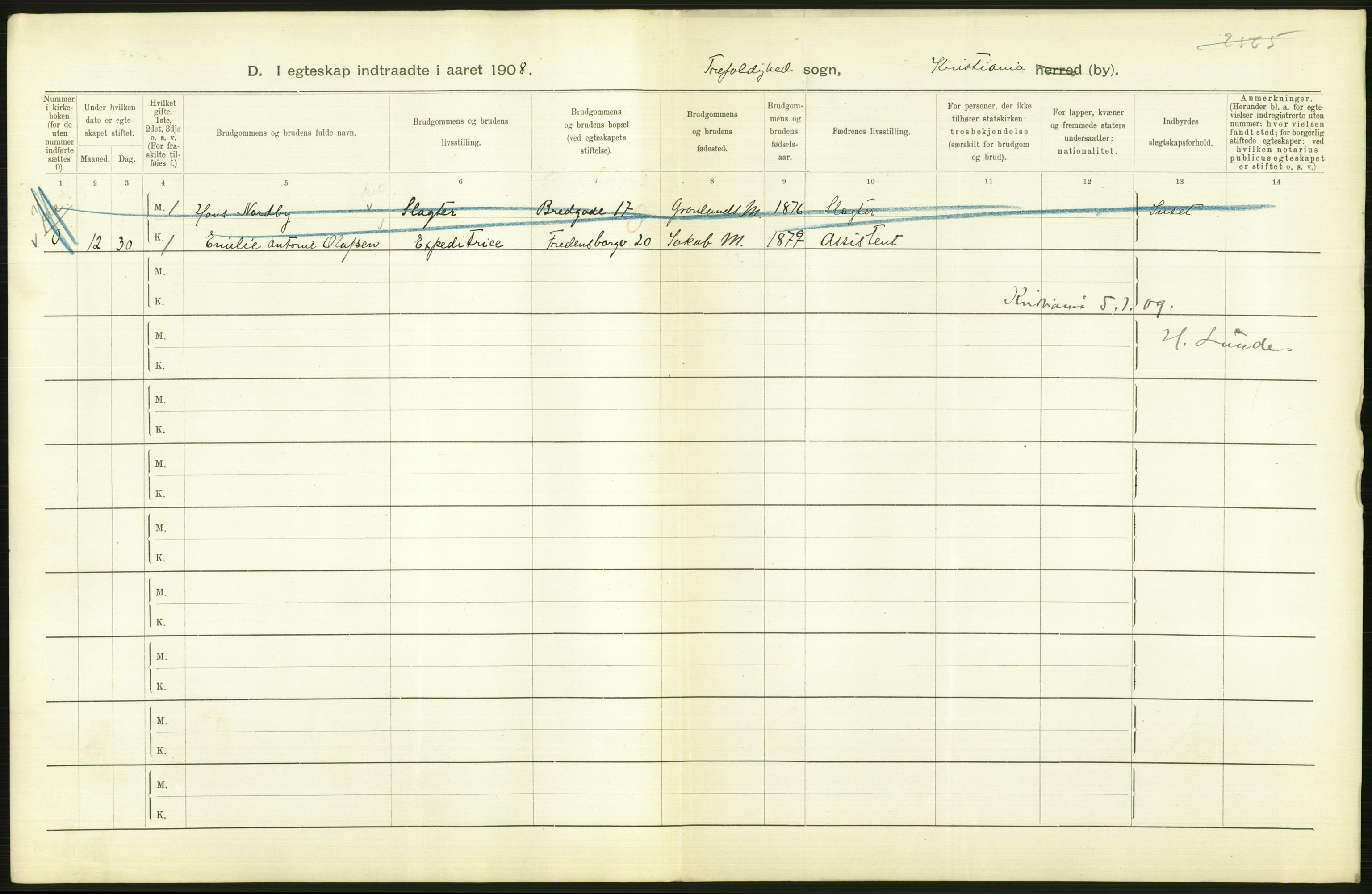 Statistisk sentralbyrå, Sosiodemografiske emner, Befolkning, AV/RA-S-2228/D/Df/Dfa/Dfaf/L0007: Kristiania: Gifte, 1908, p. 450