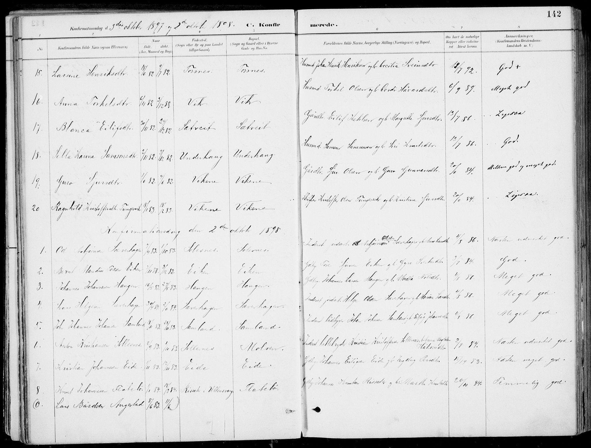 Strandebarm sokneprestembete, AV/SAB-A-78401/H/Haa: Parish register (official) no. E  1, 1886-1908, p. 142