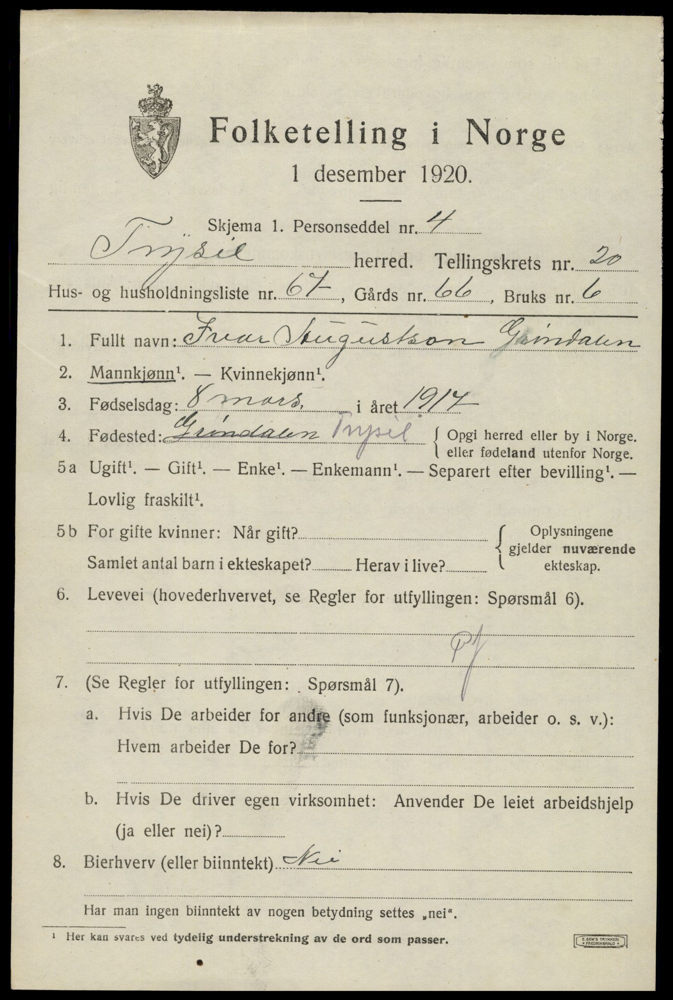 SAH, 1920 census for Trysil, 1920, p. 13769