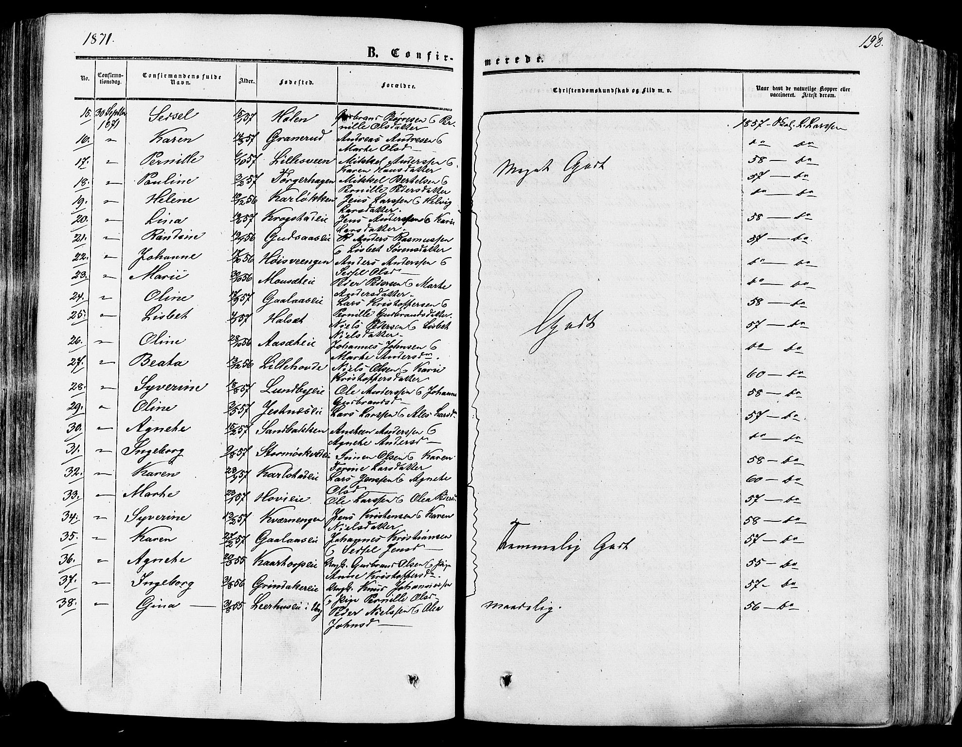 Vang prestekontor, Hedmark, SAH/PREST-008/H/Ha/Haa/L0013: Parish register (official) no. 13, 1855-1879, p. 198