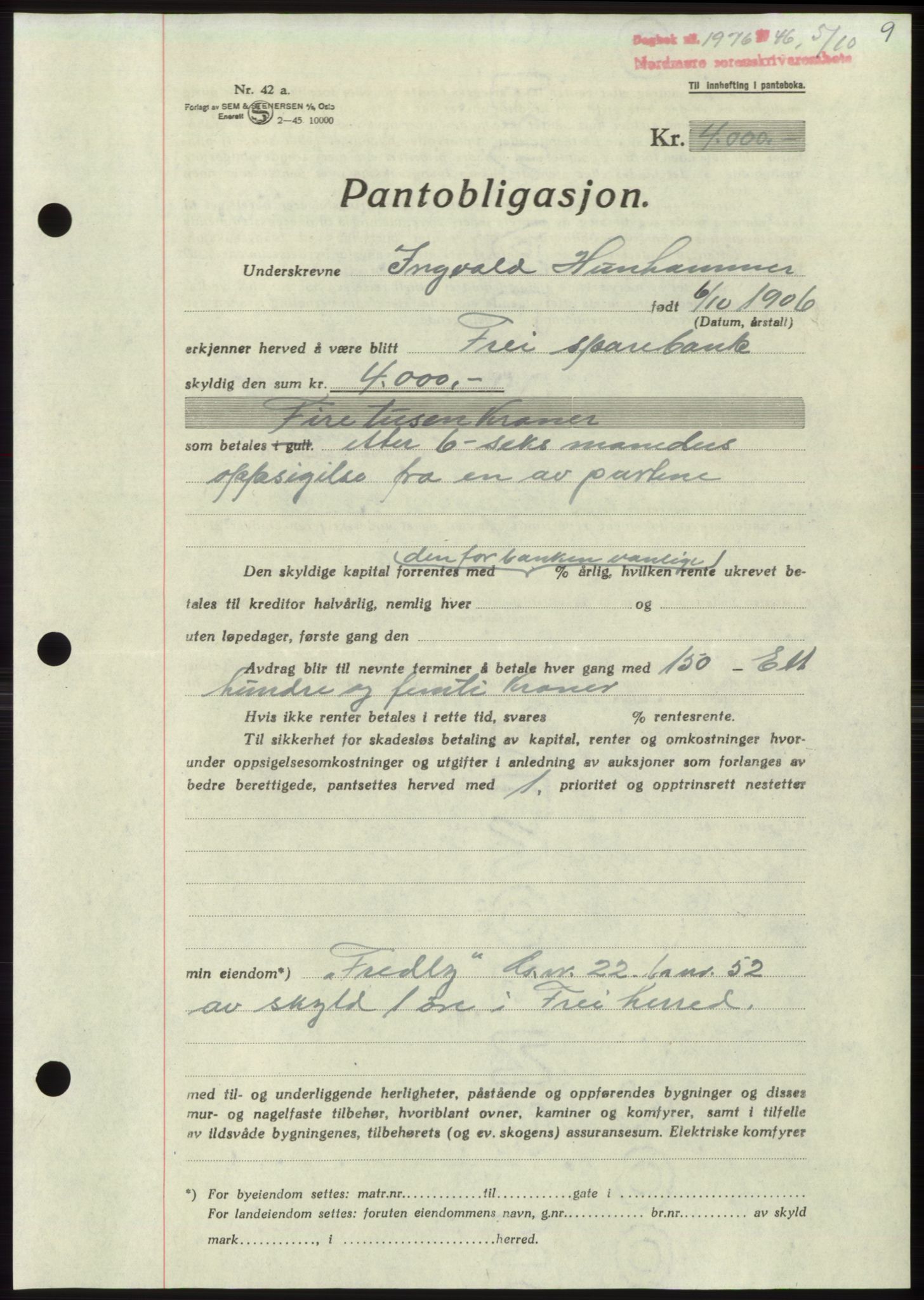 Nordmøre sorenskriveri, AV/SAT-A-4132/1/2/2Ca: Mortgage book no. B95, 1946-1947, Diary no: : 1976/1946