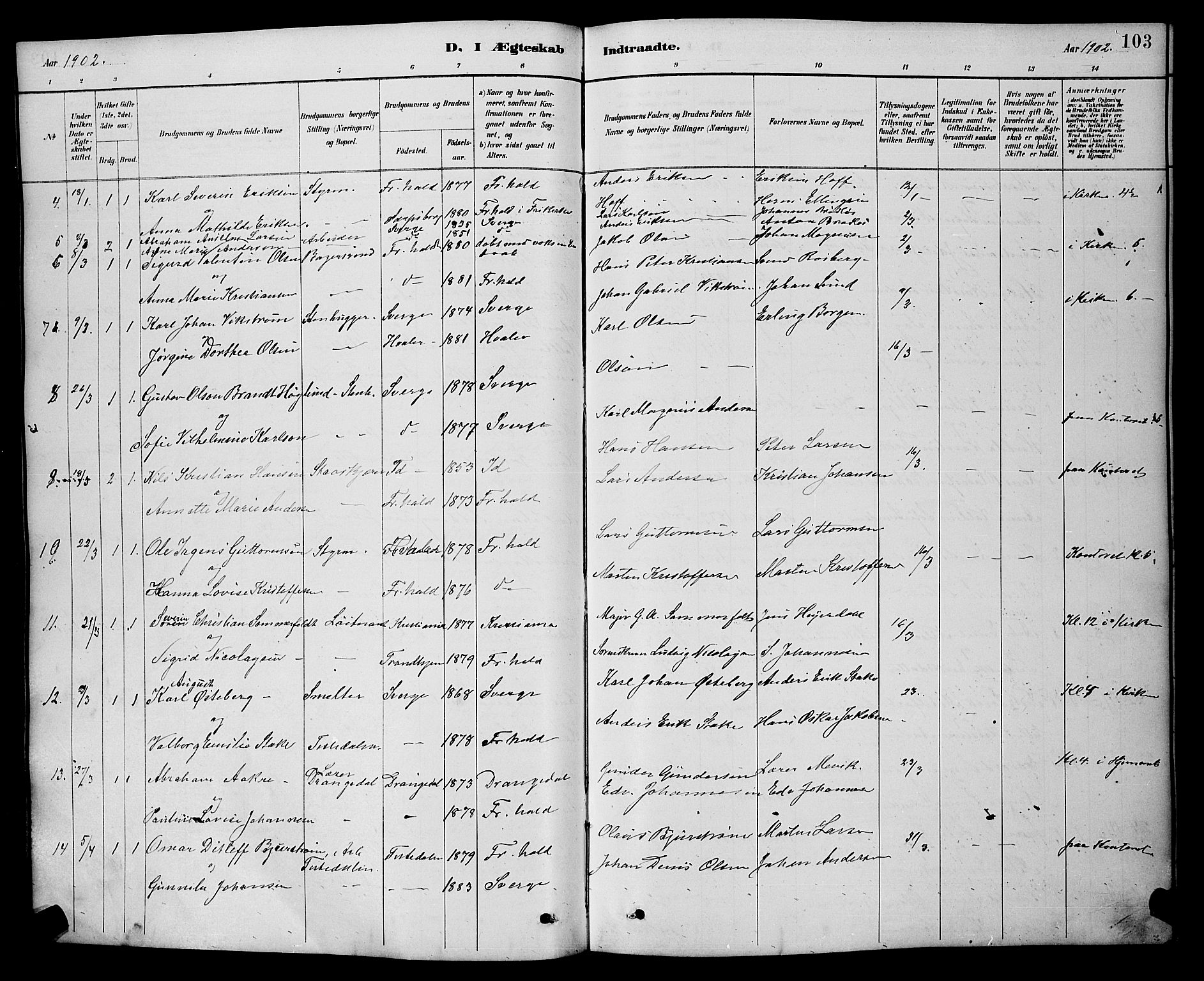 Halden prestekontor Kirkebøker, AV/SAO-A-10909/G/Ga/L0009: Parish register (copy) no. 9, 1885-1908, p. 103