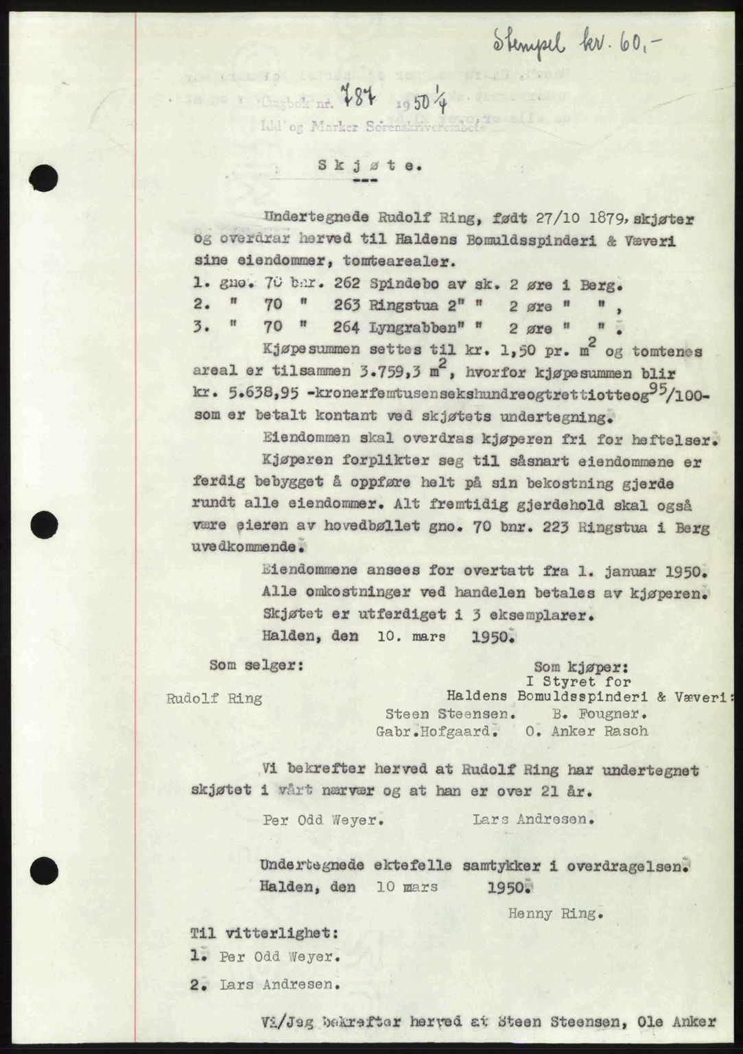 Idd og Marker sorenskriveri, AV/SAO-A-10283/G/Gb/Gbb/L0014: Mortgage book no. A14, 1950-1950, Diary no: : 787/1950