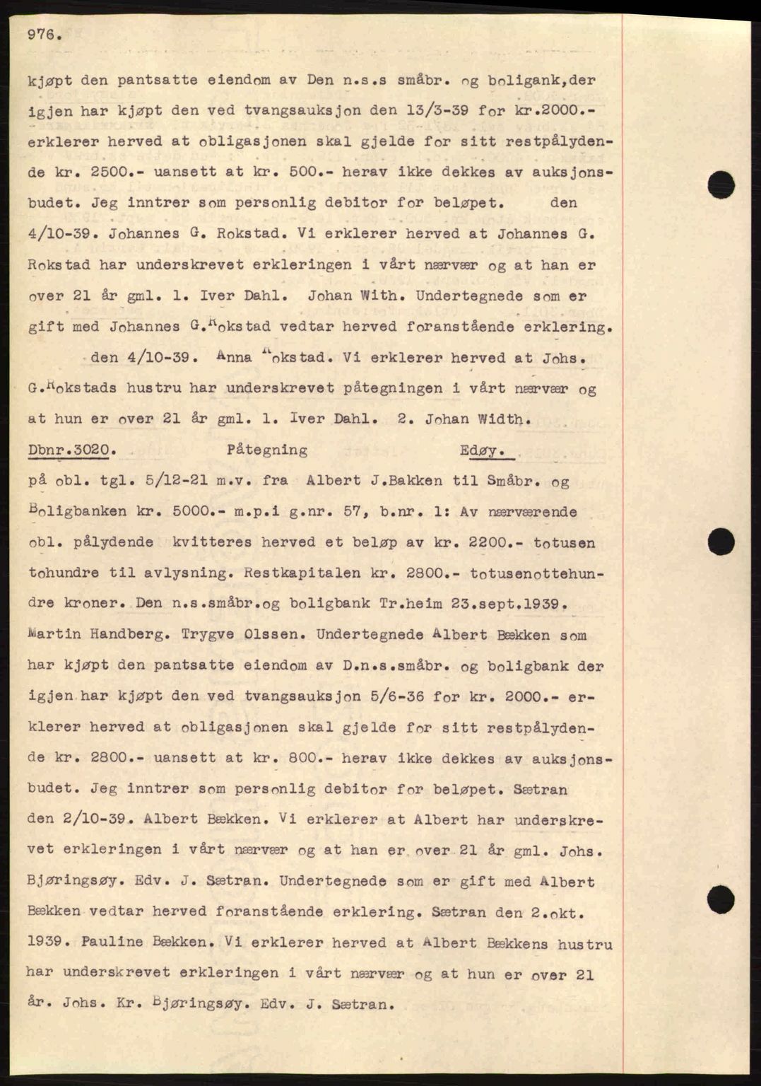 Nordmøre sorenskriveri, AV/SAT-A-4132/1/2/2Ca: Mortgage book no. C80, 1936-1939, Diary no: : 3020/1939