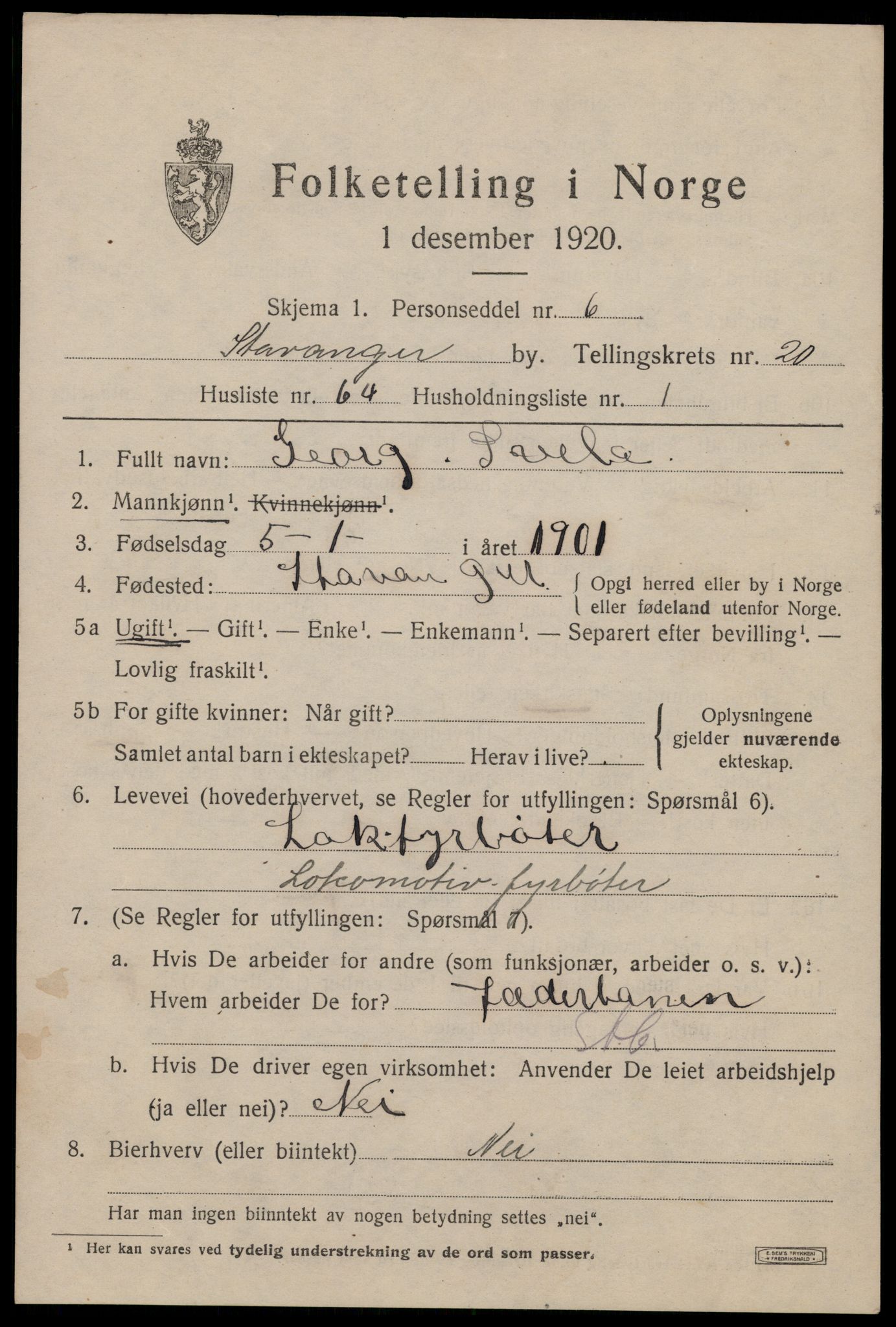 SAST, 1920 census for Stavanger, 1920, p. 70842