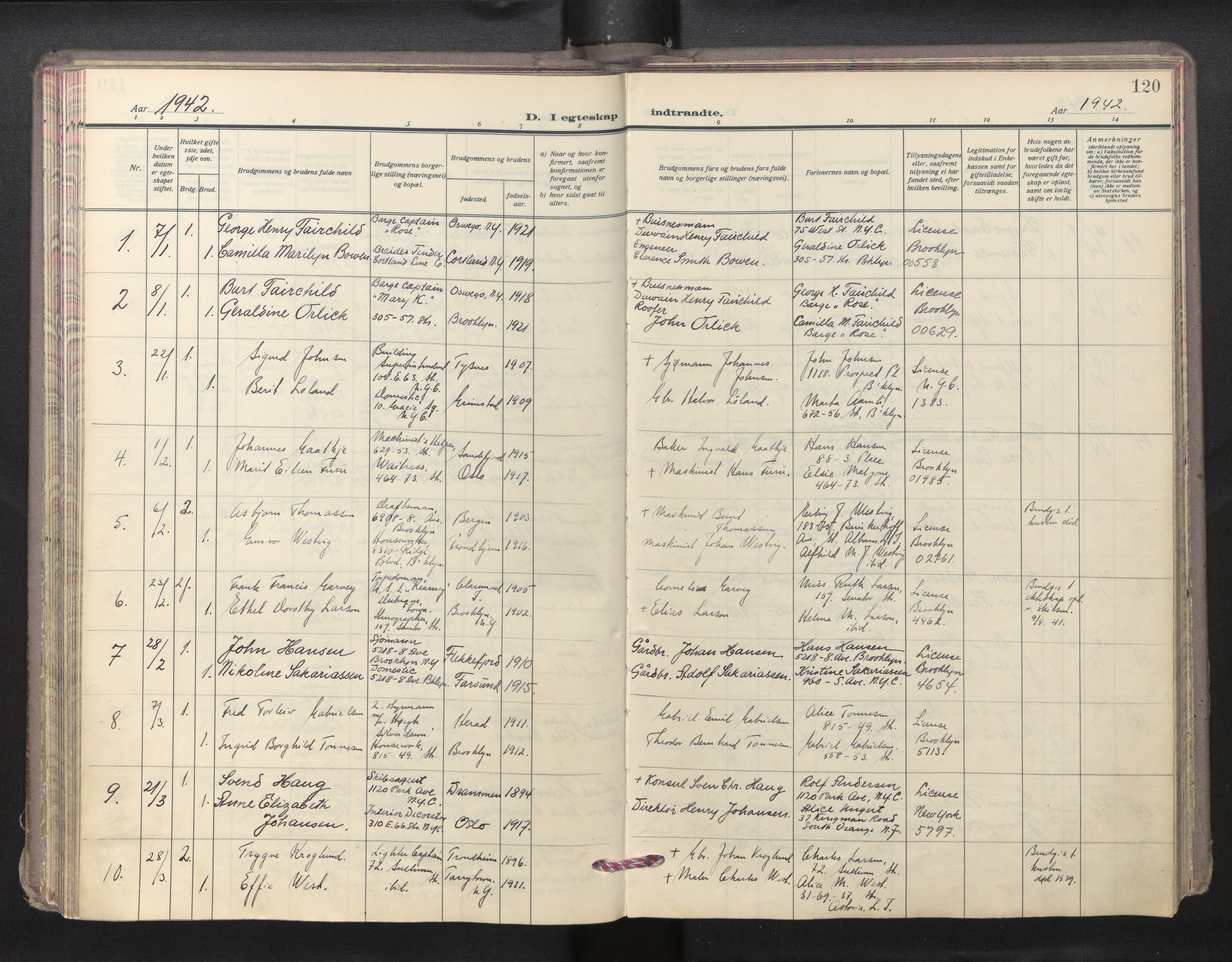 Den norske sjømannsmisjon i utlandet/New York, SAB/SAB/PA-0110/H/Ha/L0009: Parish register (official) no. A 9, 1935-1945, p. 119b-120a