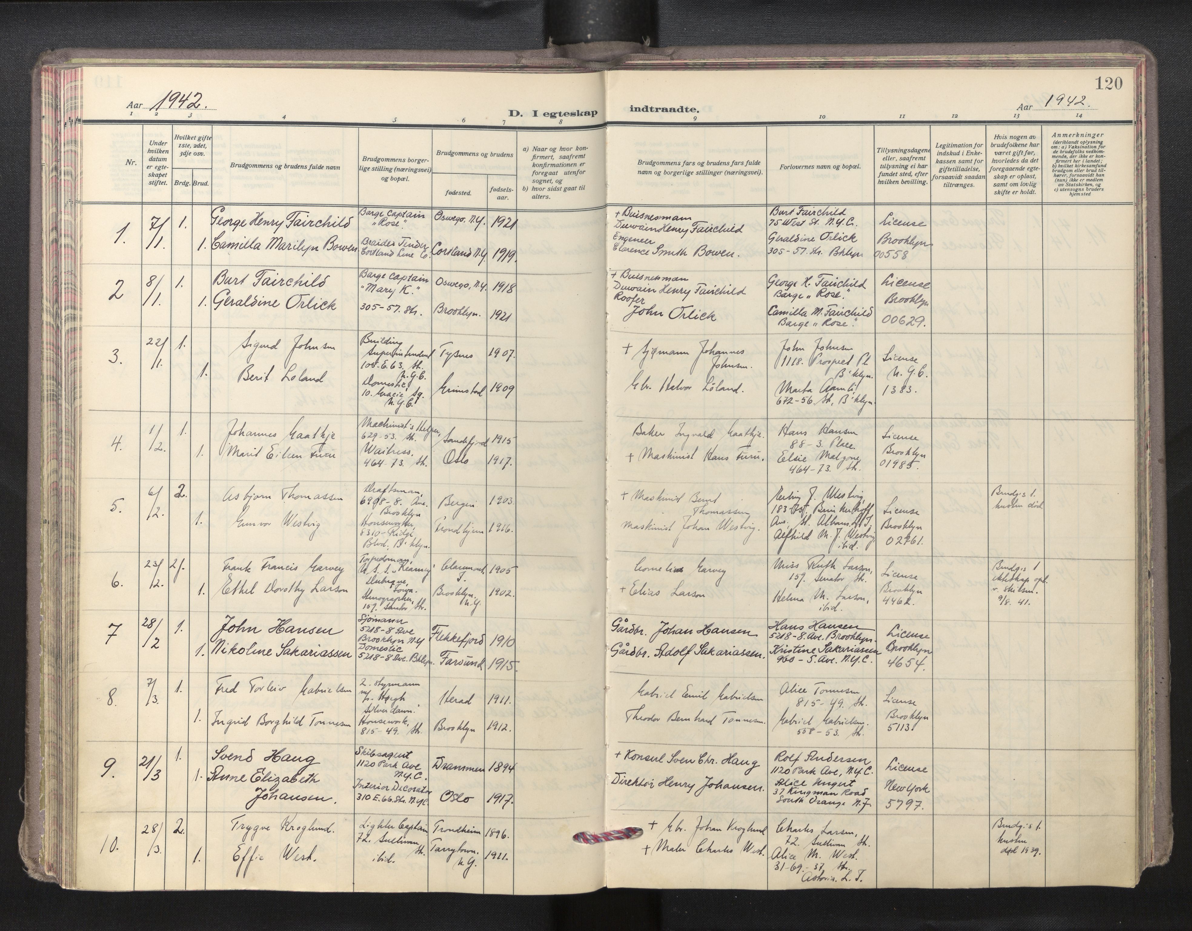 Den norske sjømannsmisjon i utlandet/New York, AV/SAB-SAB/PA-0110/H/Ha/L0009: Parish register (official) no. A 9, 1935-1945, p. 119b-120a