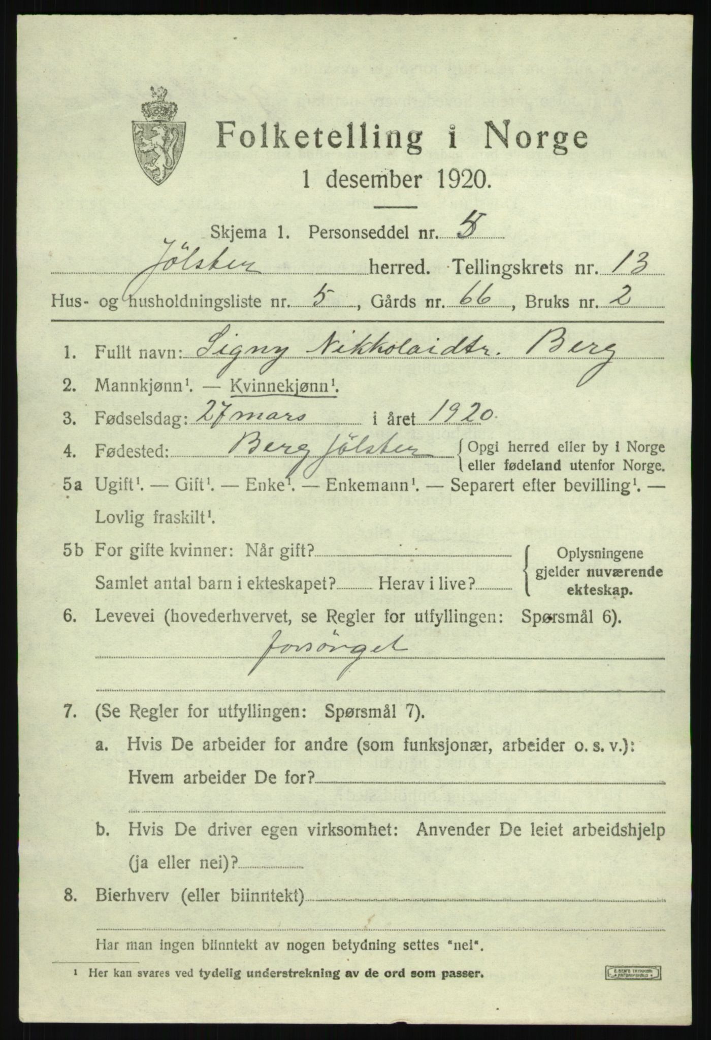 SAB, 1920 census for Jølster, 1920, p. 6084