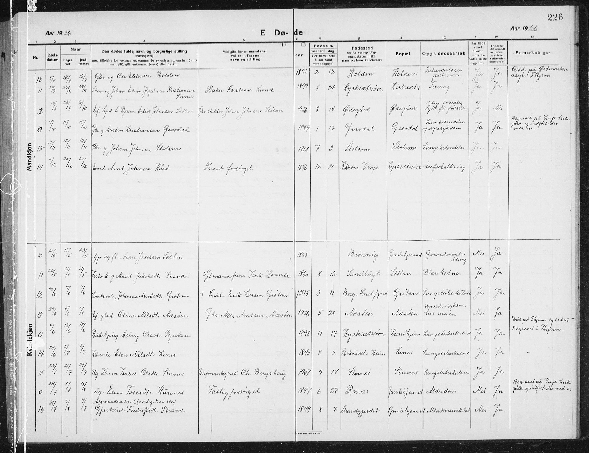 Ministerialprotokoller, klokkerbøker og fødselsregistre - Sør-Trøndelag, SAT/A-1456/630/L0506: Parish register (copy) no. 630C04, 1914-1933, p. 226