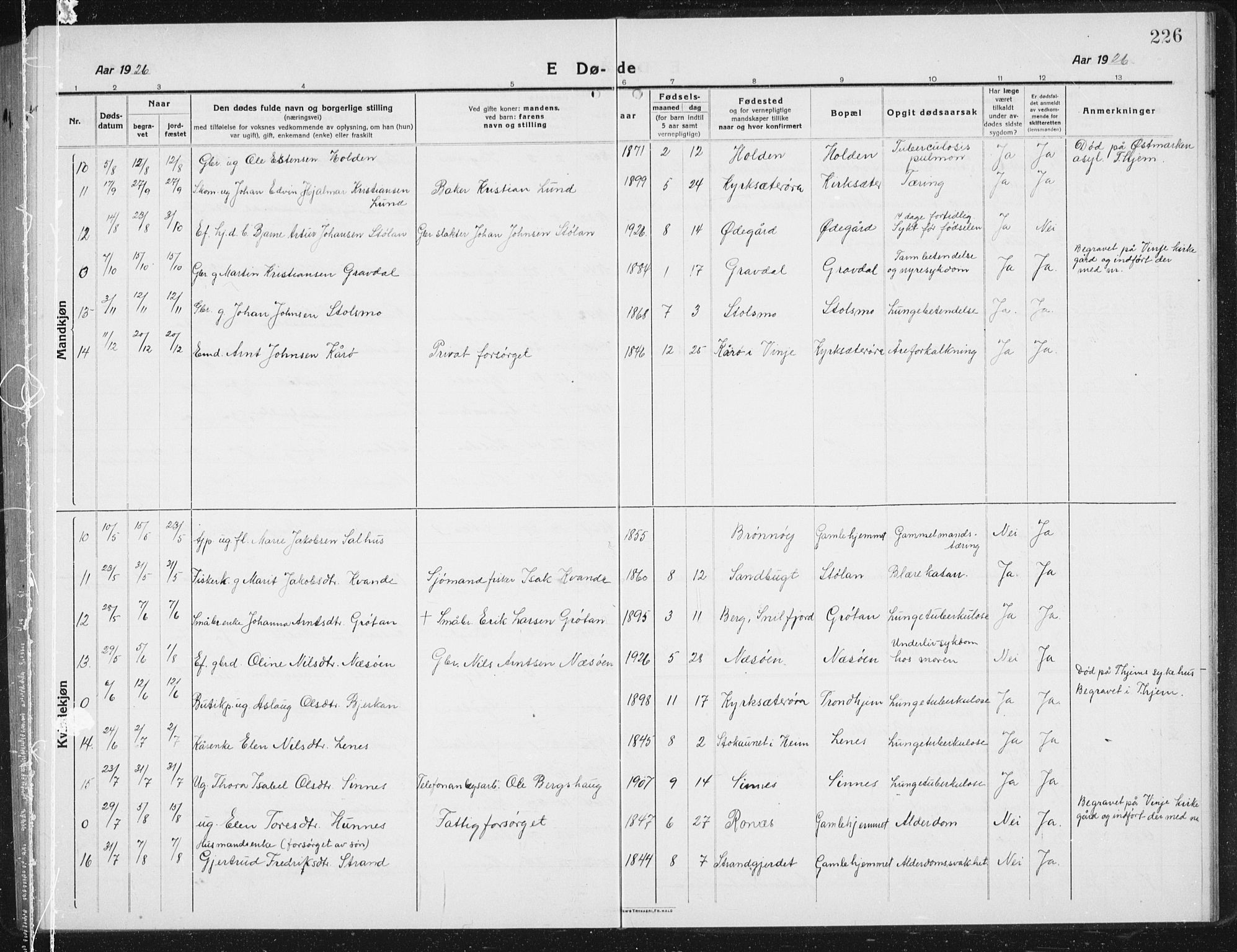 Ministerialprotokoller, klokkerbøker og fødselsregistre - Sør-Trøndelag, AV/SAT-A-1456/630/L0506: Parish register (copy) no. 630C04, 1914-1933, p. 226