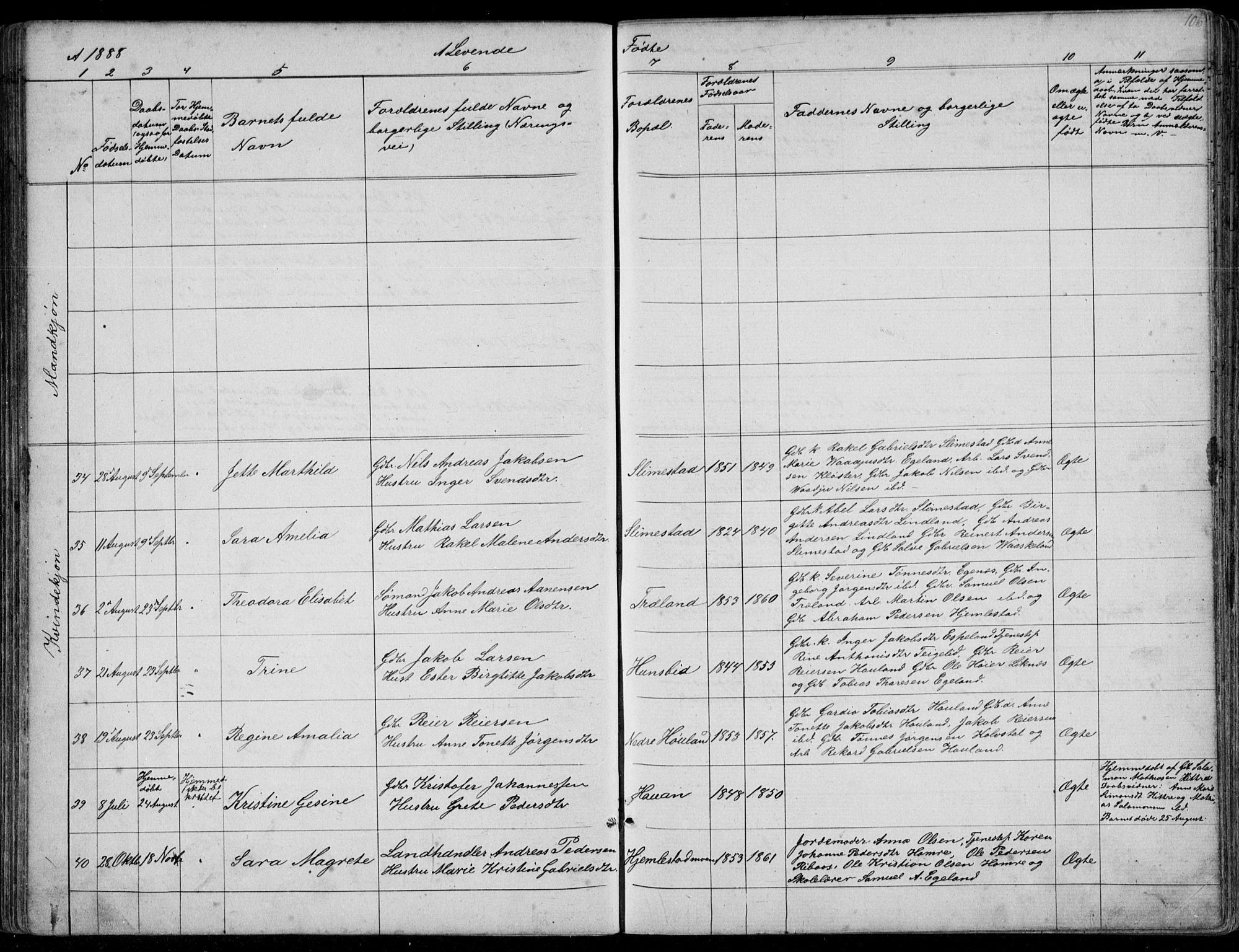 Kvinesdal sokneprestkontor, AV/SAK-1111-0026/F/Fb/Fbb/L0002: Parish register (copy) no. B 2, 1873-1897, p. 106