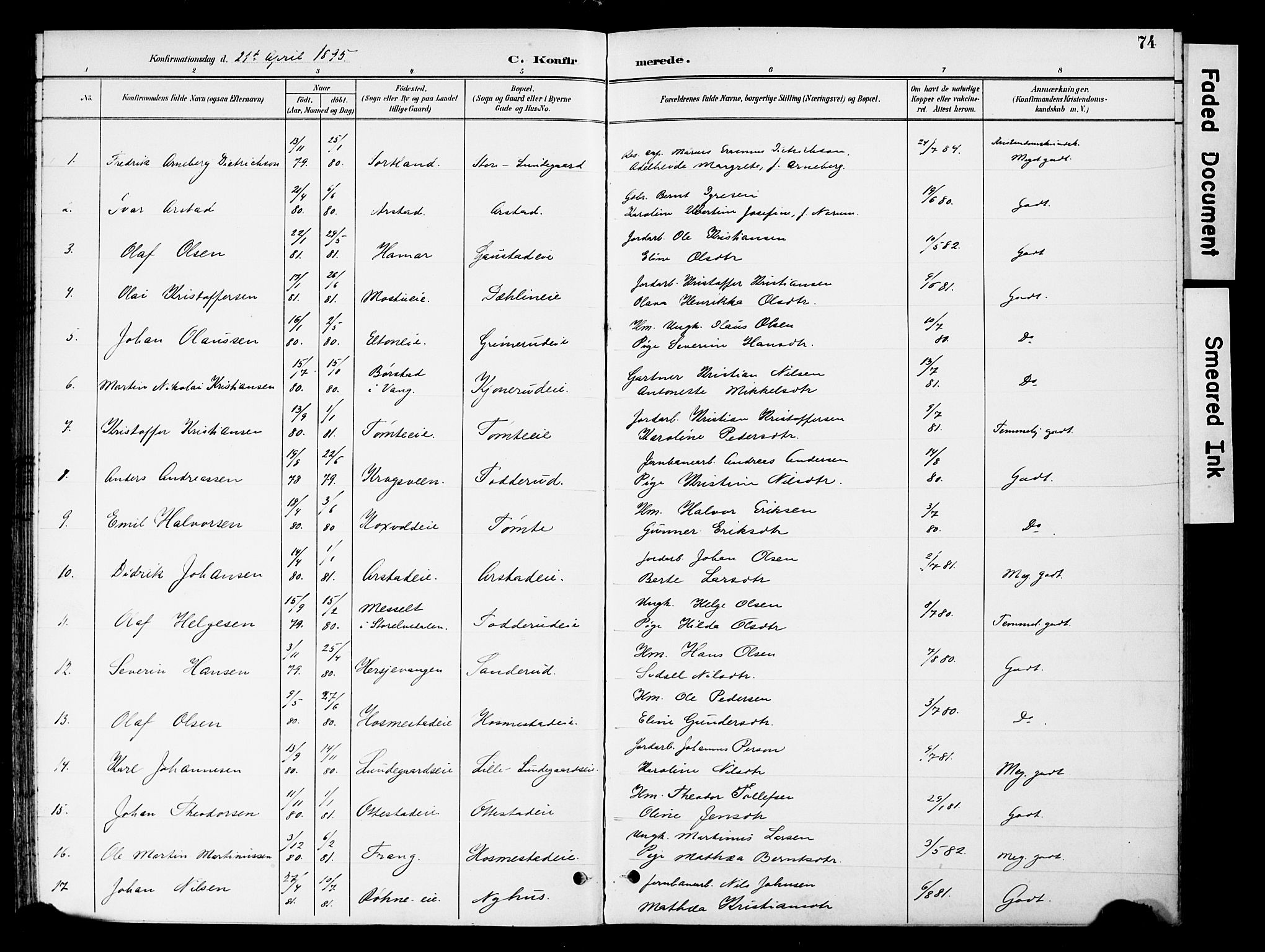 Stange prestekontor, SAH/PREST-002/K/L0021: Parish register (official) no. 21, 1891-1902, p. 74
