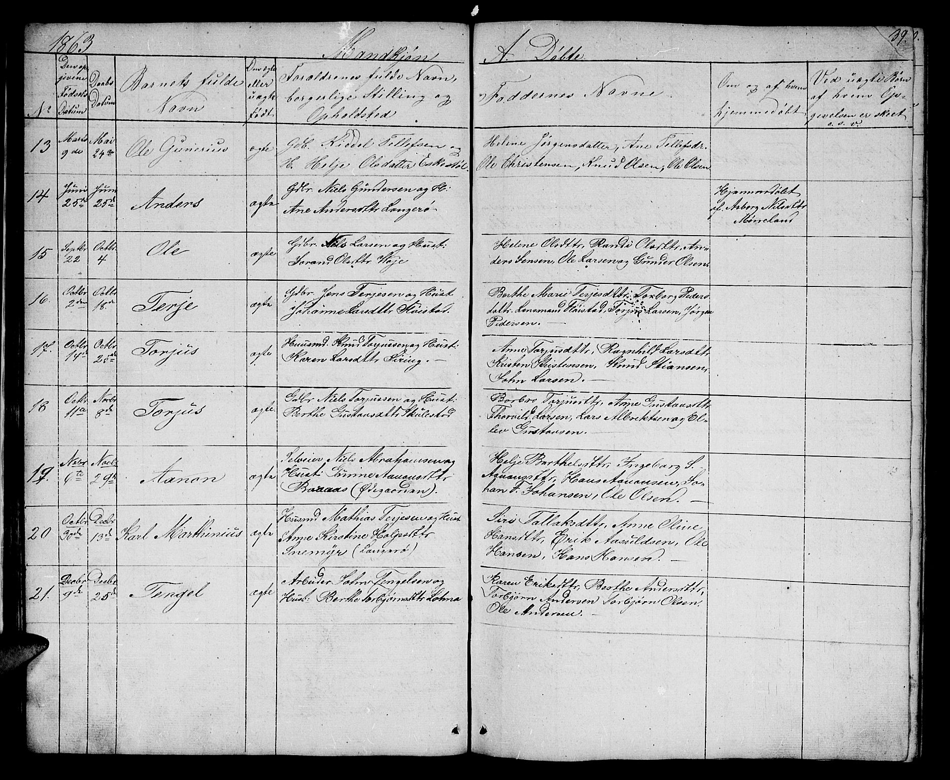 Austre Moland sokneprestkontor, SAK/1111-0001/F/Fb/Fba/L0001: Parish register (copy) no. B 1, 1842-1868, p. 39