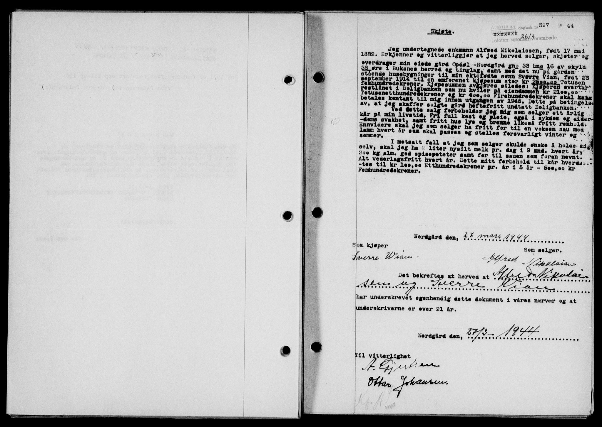 Lofoten sorenskriveri, SAT/A-0017/1/2/2C/L0012a: Mortgage book no. 12a, 1943-1944, Diary no: : 397/1944