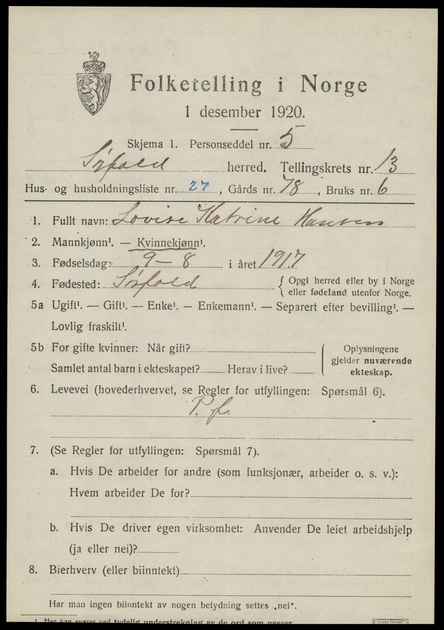 SAT, 1920 census for Sørfold, 1920, p. 6787