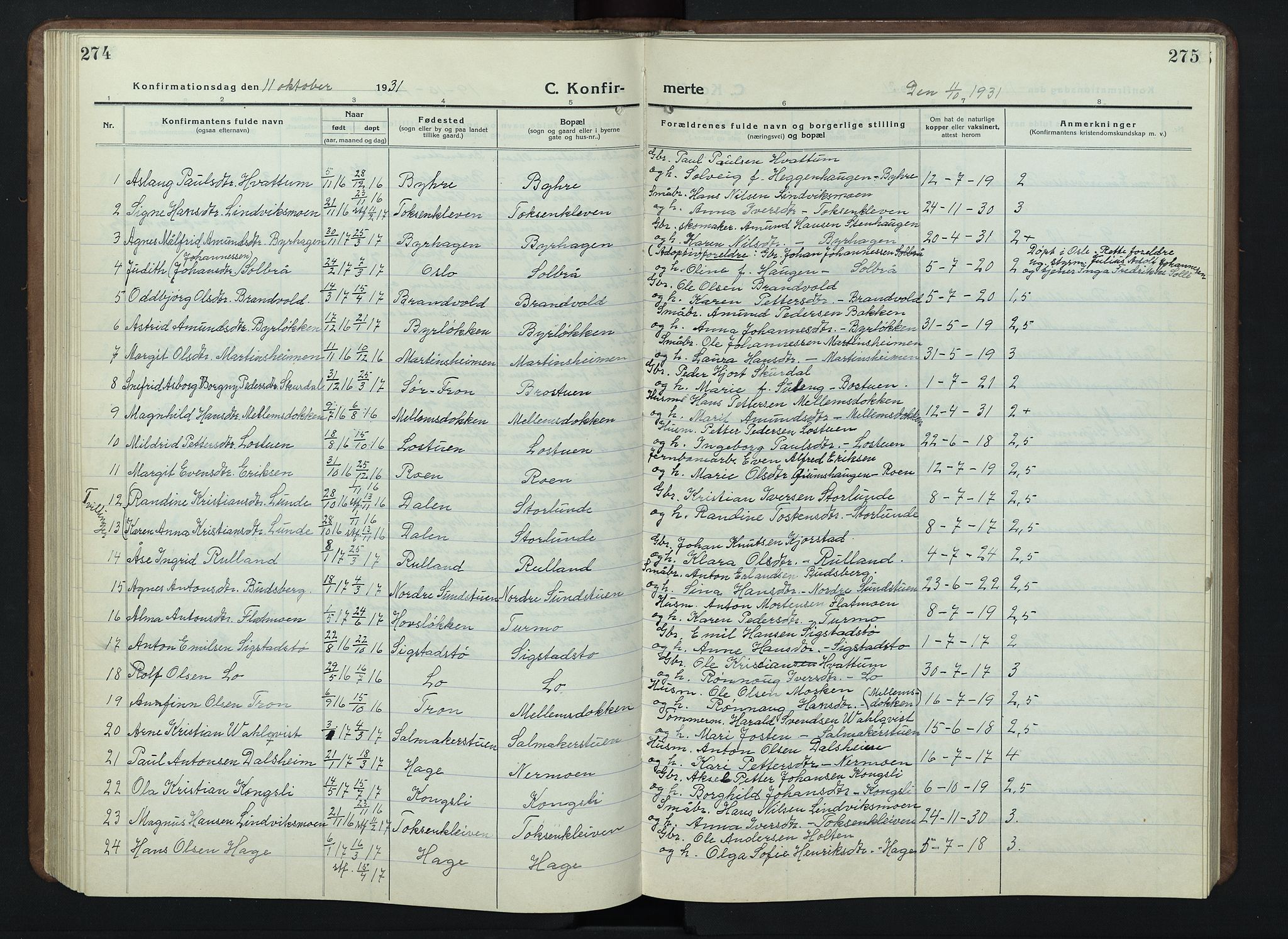 Nord-Fron prestekontor, AV/SAH-PREST-080/H/Ha/Hab/L0007: Parish register (copy) no. 7, 1915-1946, p. 274-275