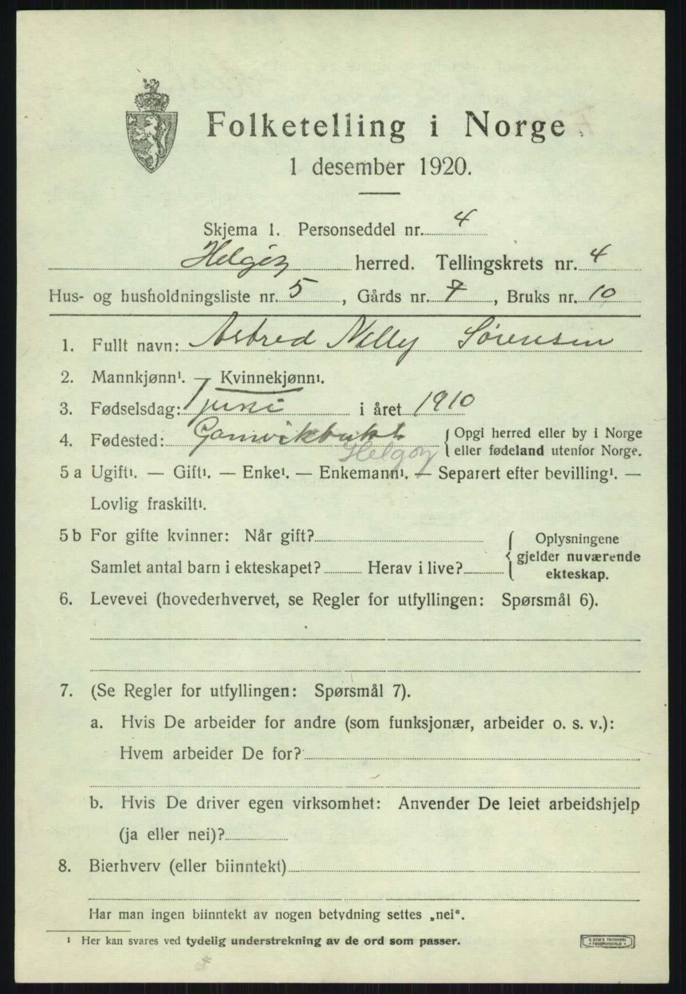 SATØ, 1920 census for Helgøy, 1920, p. 1710