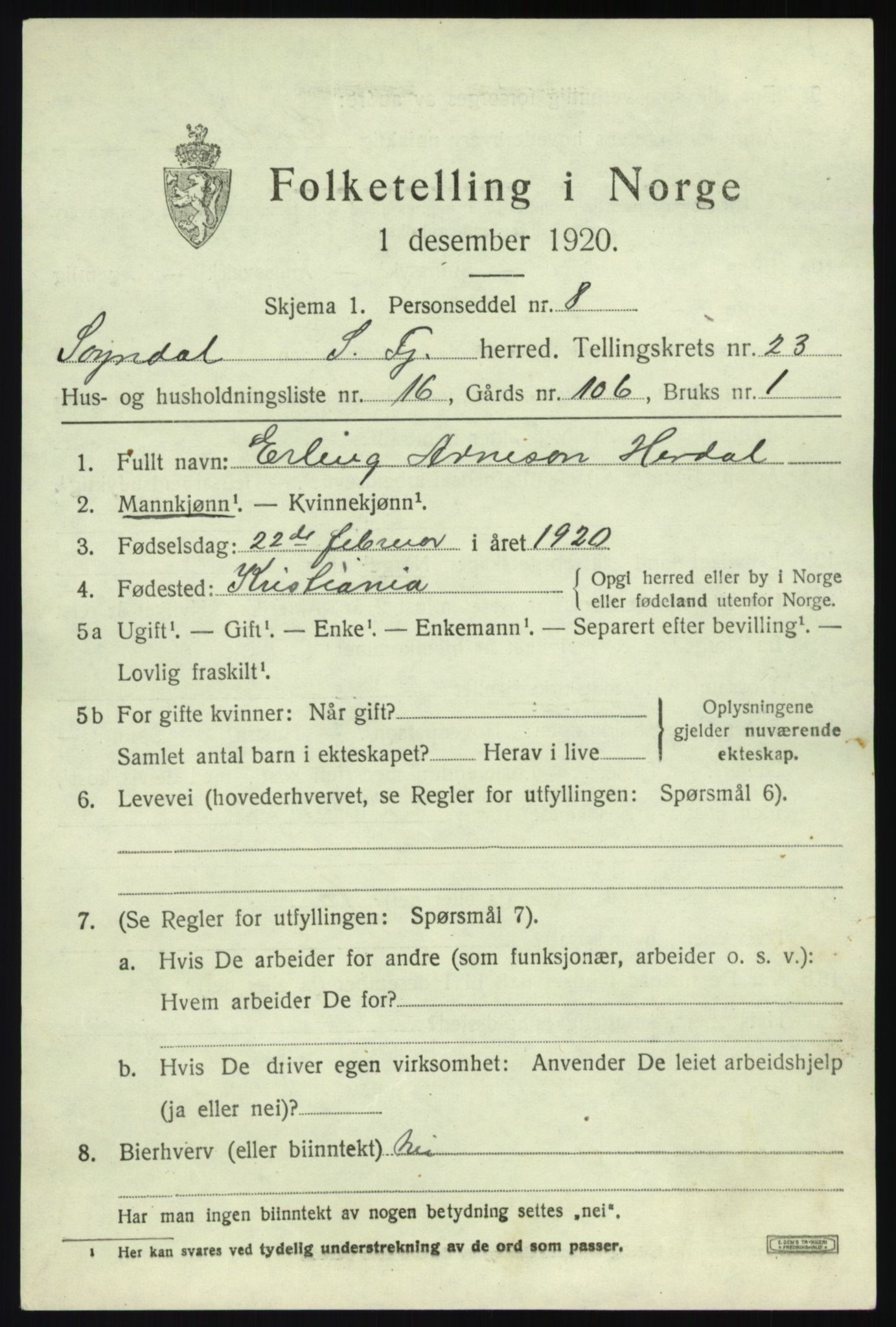 SAB, 1920 census for Sogndal, 1920, p. 8295