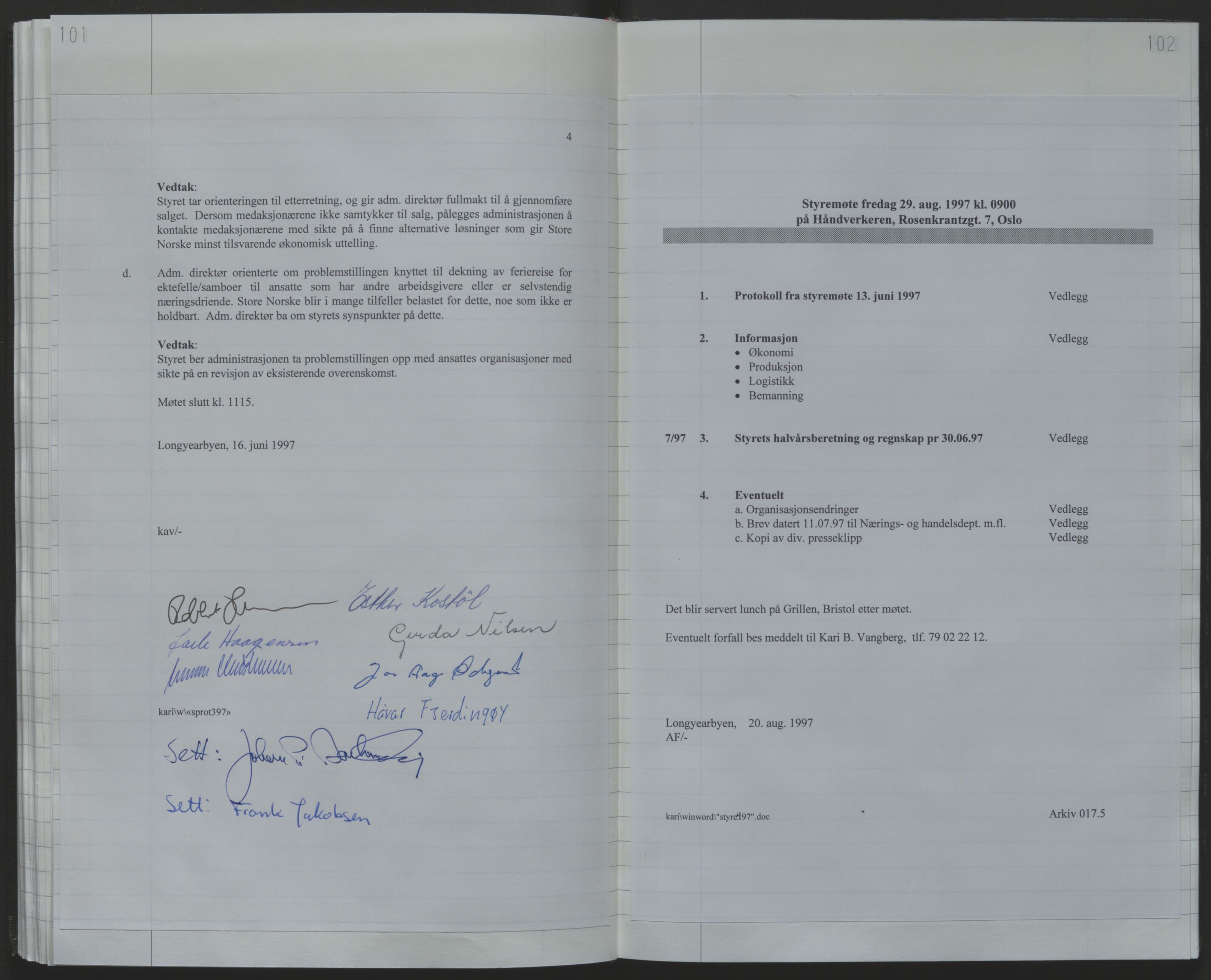 Store Norske Spitsbergen Kulkompani A/S, AV/SATØ-P-0073/09/A/Ab/Aba/L0004: Styreprotokoll 9, 1994-2000, p. 101-102