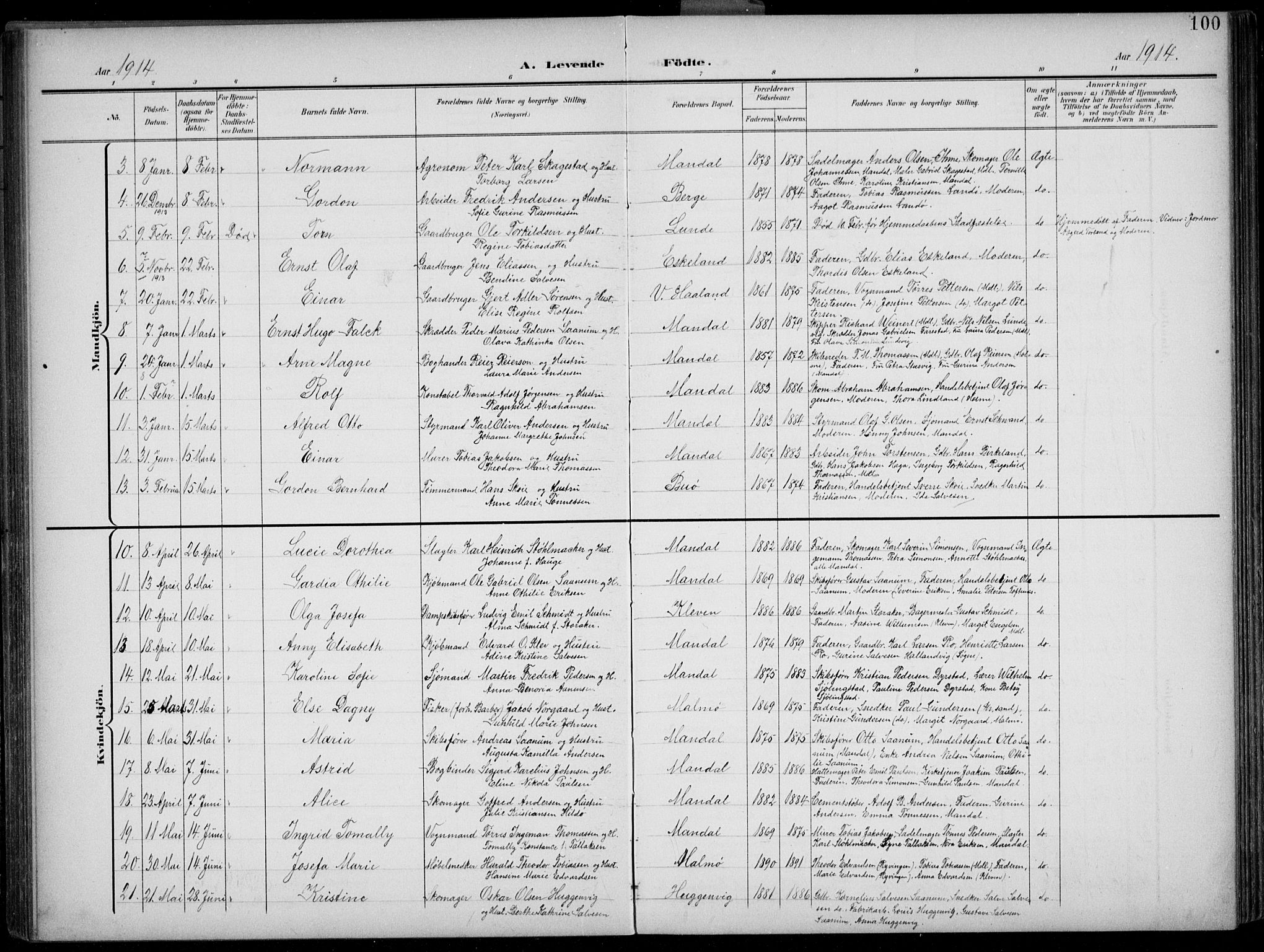 Mandal sokneprestkontor, AV/SAK-1111-0030/F/Fb/Fba/L0012: Parish register (copy) no. B 6, 1899-1918, p. 100