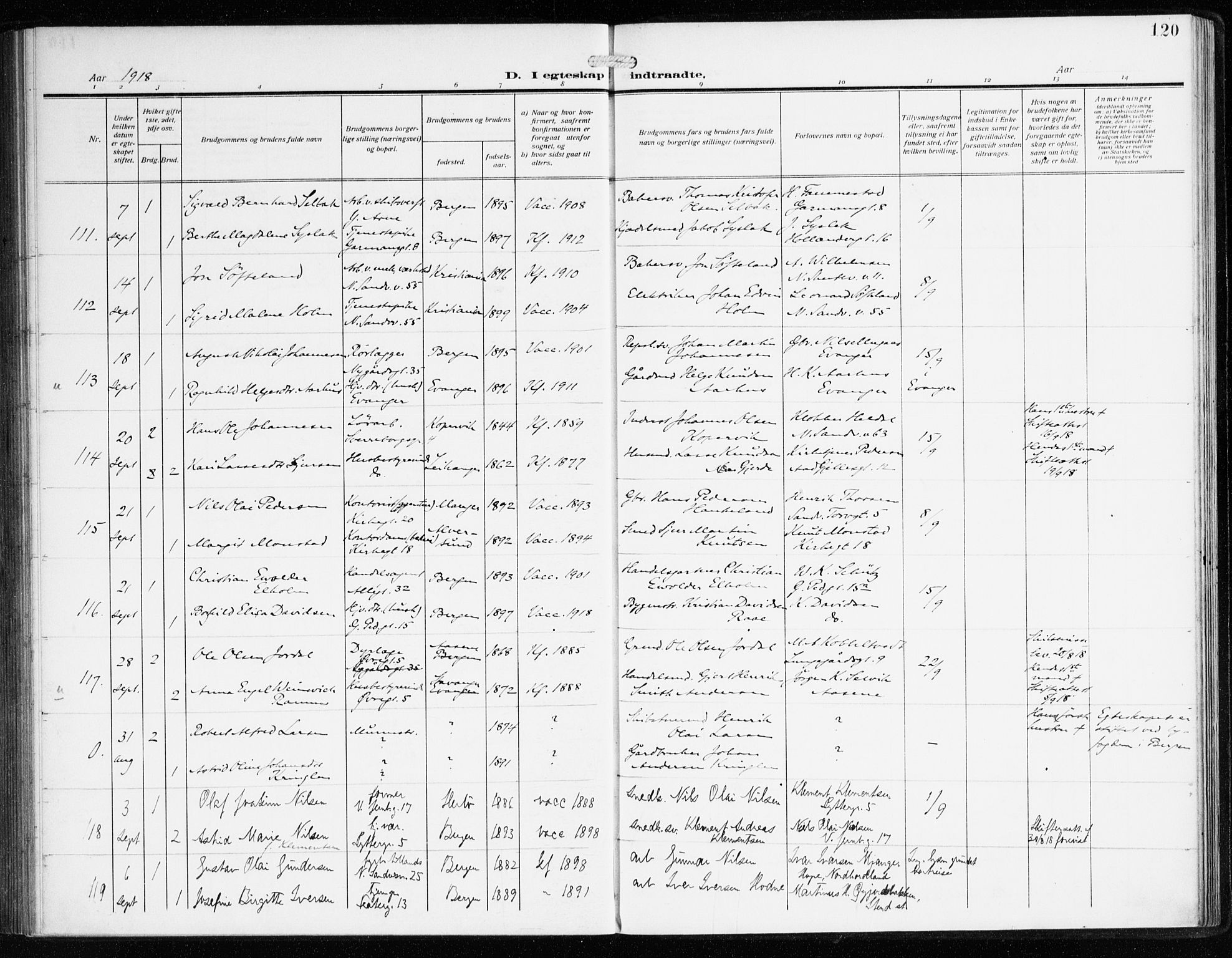 Sandviken Sokneprestembete, AV/SAB-A-77601/H/Ha/L0015: Parish register (official) no. D 2, 1911-1923, p. 120