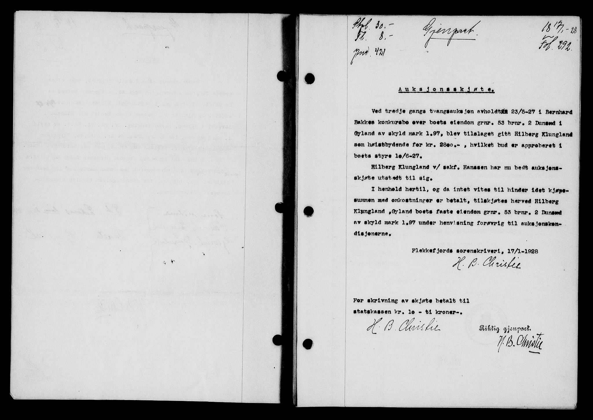Flekkefjord sorenskriveri, SAK/1221-0001/G/Gb/Gba/L0044: Mortgage book no. 42, 1928-1929, Deed date: 17.01.1928