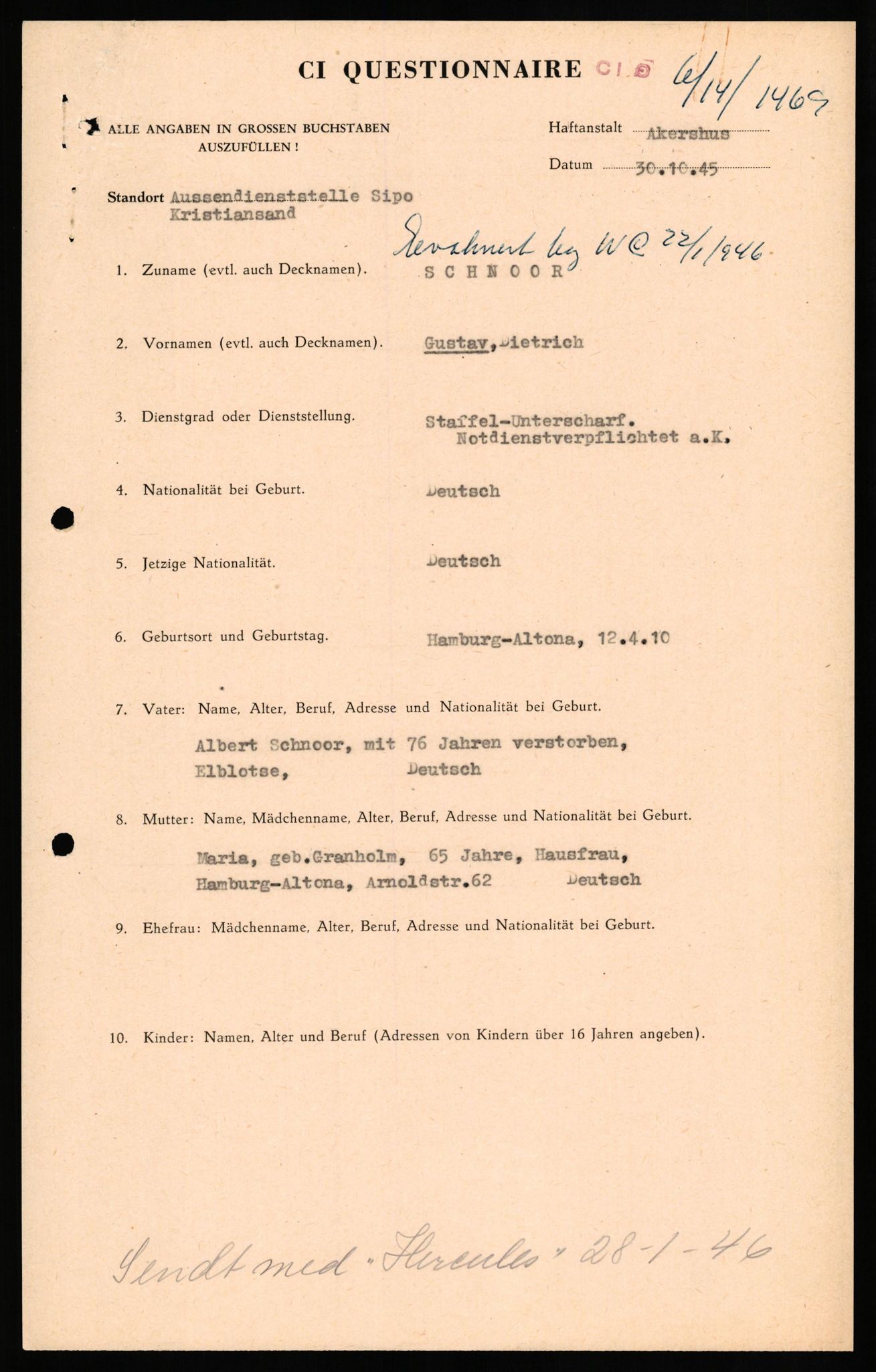 Forsvaret, Forsvarets overkommando II, AV/RA-RAFA-3915/D/Db/L0030: CI Questionaires. Tyske okkupasjonsstyrker i Norge. Tyskere., 1945-1946, p. 106