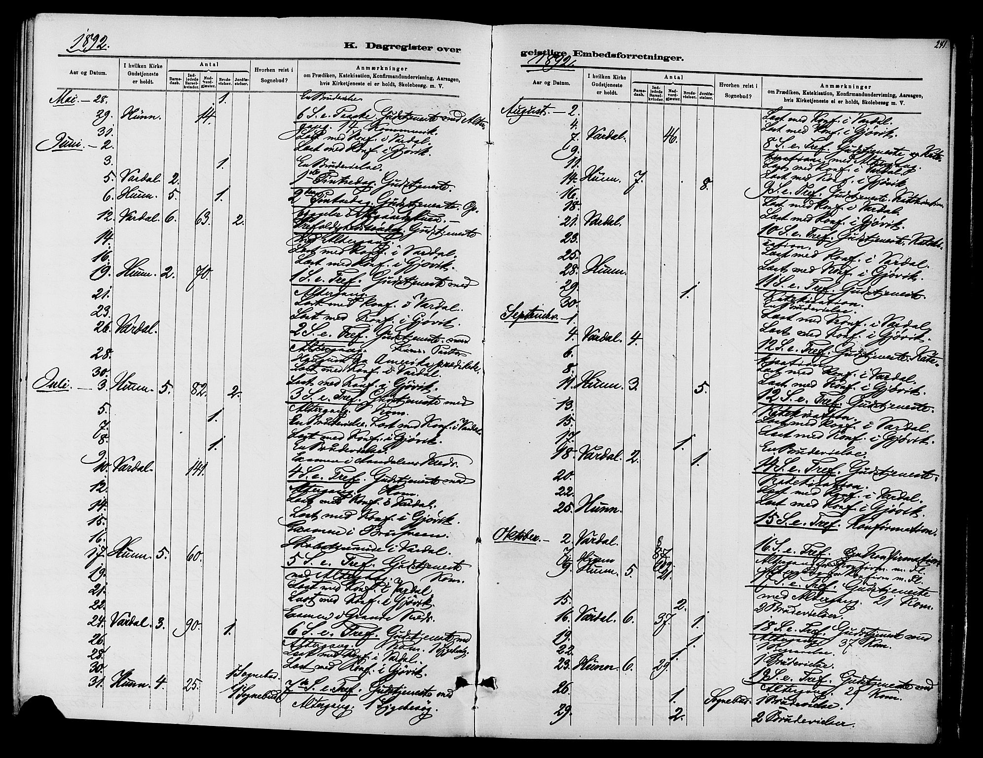Vardal prestekontor, SAH/PREST-100/H/Ha/Haa/L0010: Parish register (official) no. 10, 1878-1893, p. 241