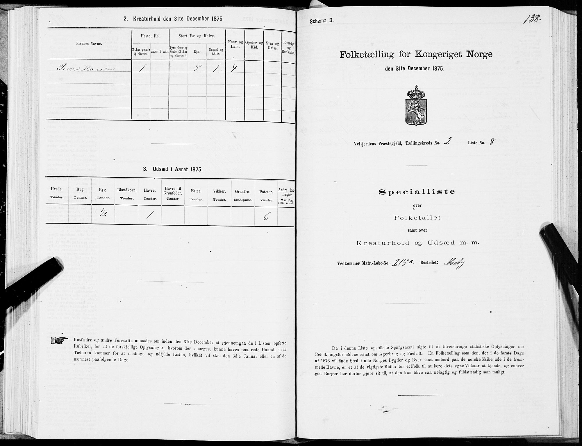 SAT, 1875 census for 1813P Velfjord, 1875, p. 1138
