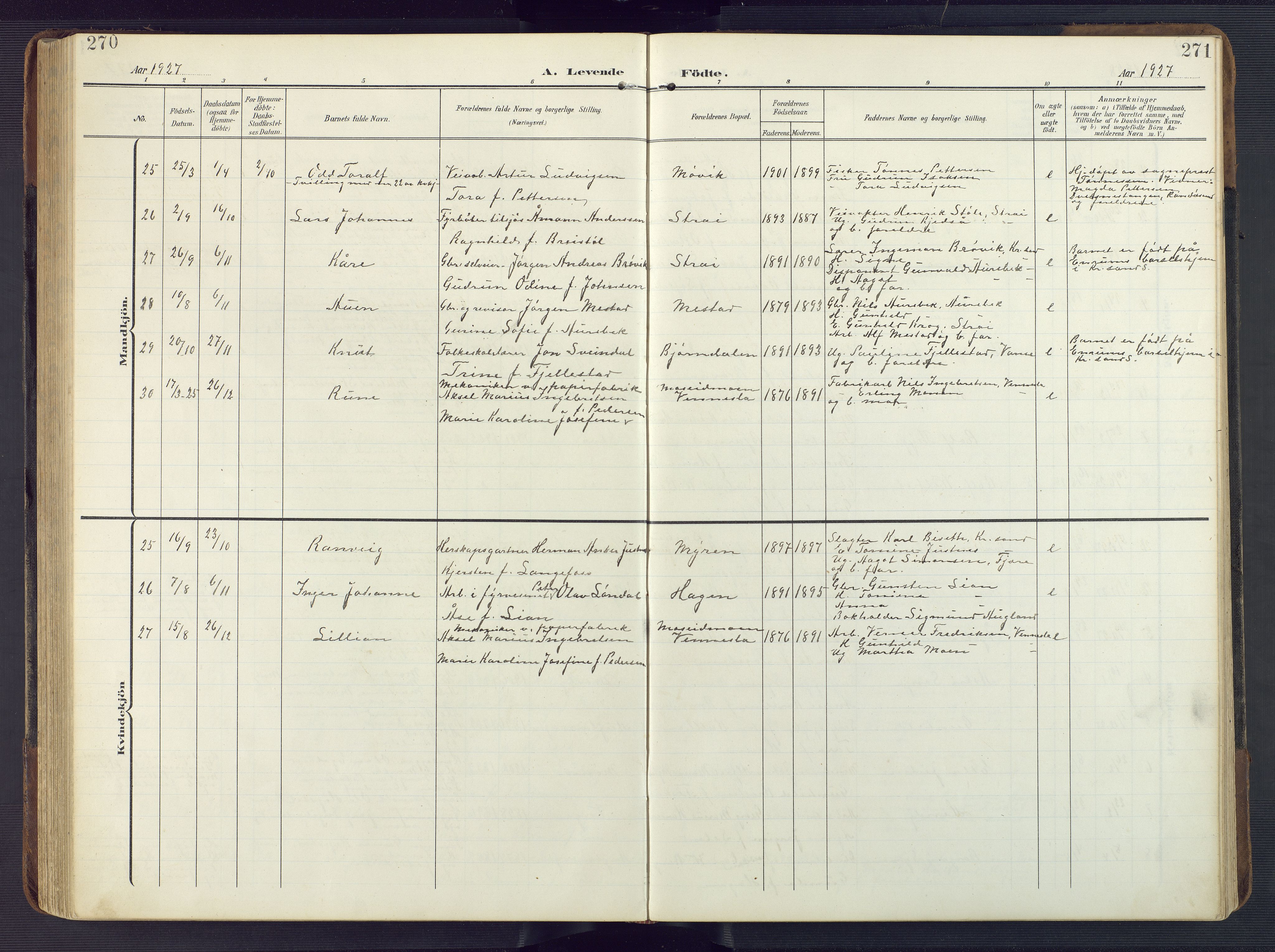 Oddernes sokneprestkontor, SAK/1111-0033/F/Fb/Fba/L0010: Parish register (copy) no. B 10, 1907-1941, p. 270-271