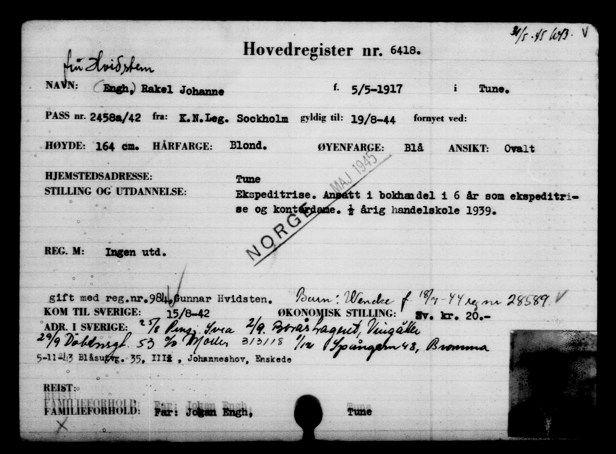 Utenriksstasjonene, Legasjonen i Stockholm, Flyktningkontoret, AV/RA-S-6753/V/Va/L0004: Kjesäterkartoteket, flyktninger med registreringsnr. 3496-6610, 1940-1945, p. 3456