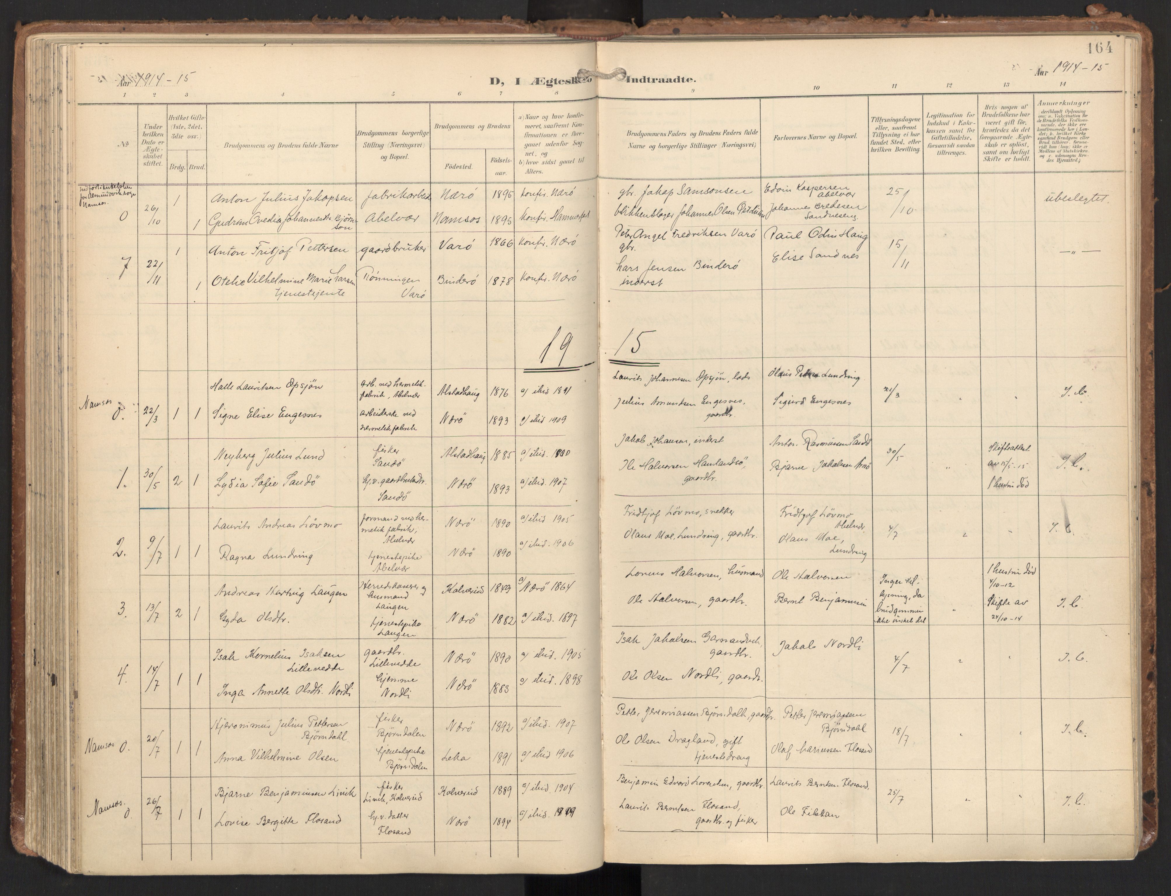 Ministerialprotokoller, klokkerbøker og fødselsregistre - Nord-Trøndelag, SAT/A-1458/784/L0677: Parish register (official) no. 784A12, 1900-1920, p. 164