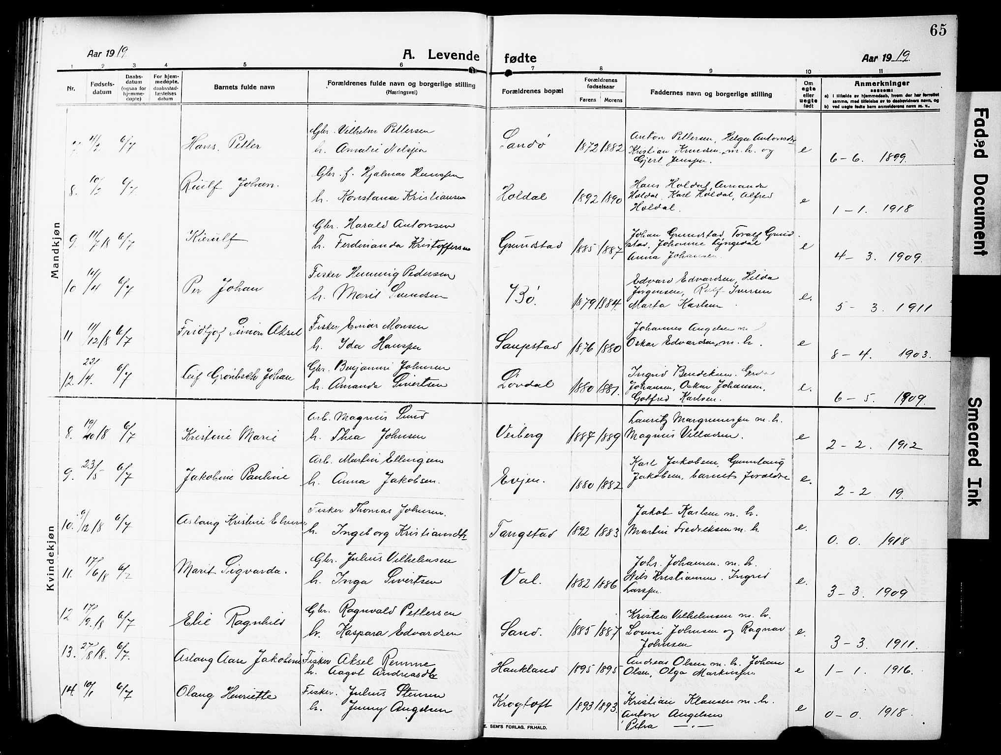 Ministerialprotokoller, klokkerbøker og fødselsregistre - Nordland, SAT/A-1459/880/L1142: Parish register (copy) no. 880C04, 1913-1930, p. 65