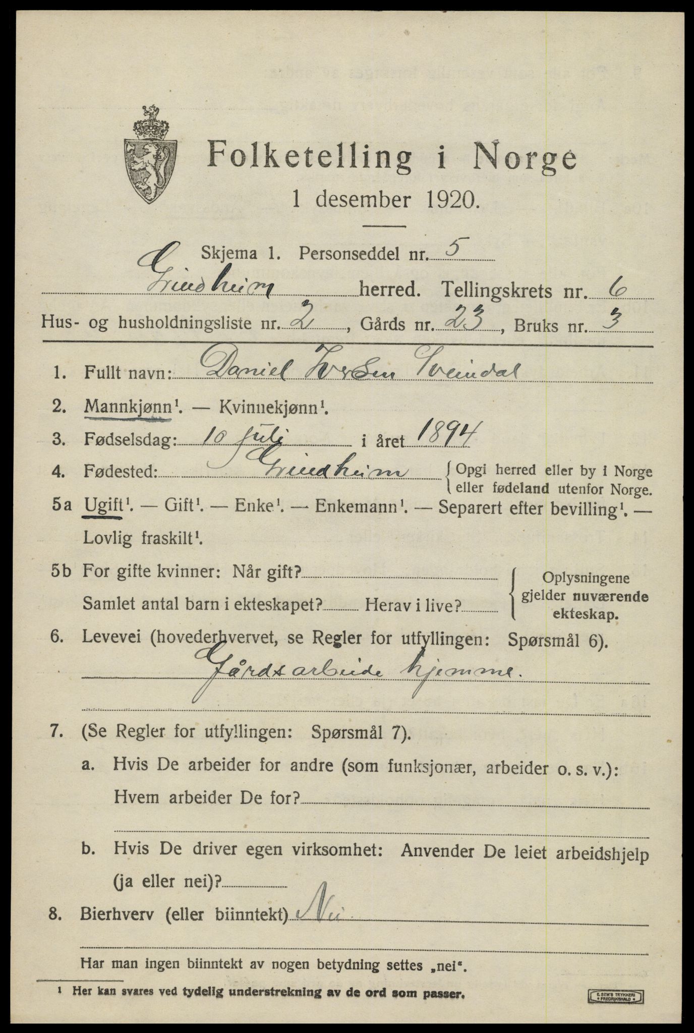 SAK, 1920 census for Grindheim, 1920, p. 1877