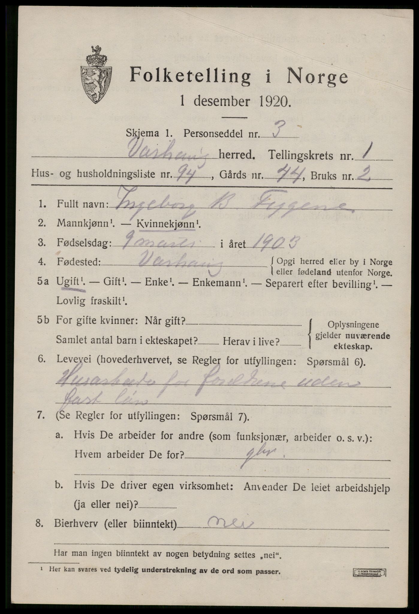 SAST, 1920 census for Varhaug, 1920, p. 1981