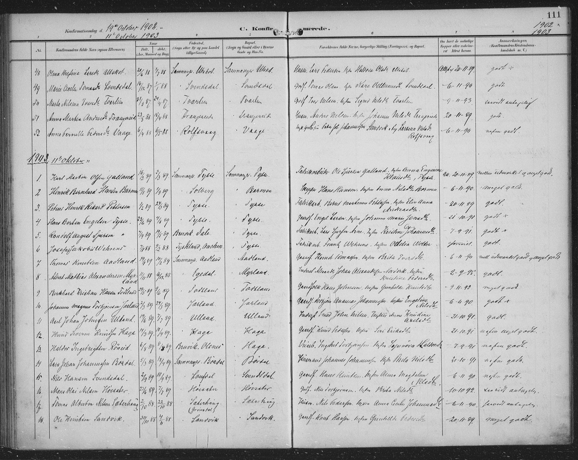 Samnanger Sokneprestembete, AV/SAB-A-77501/H/Haa: Parish register (official) no. A 2, 1902-1918, p. 111