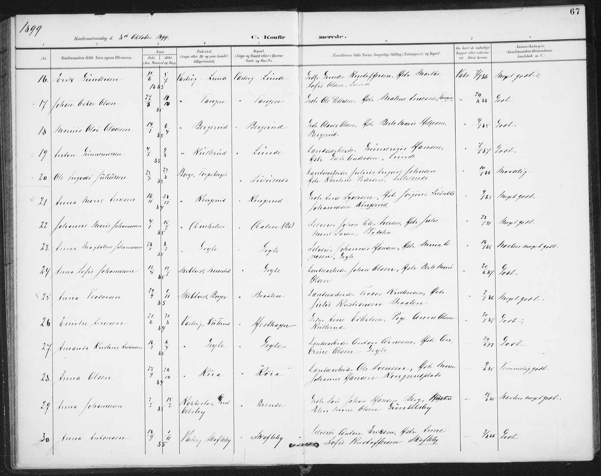 Varteig prestekontor Kirkebøker, SAO/A-10447a/F/Fa/L0003: Parish register (official) no. 3, 1899-1919, p. 67