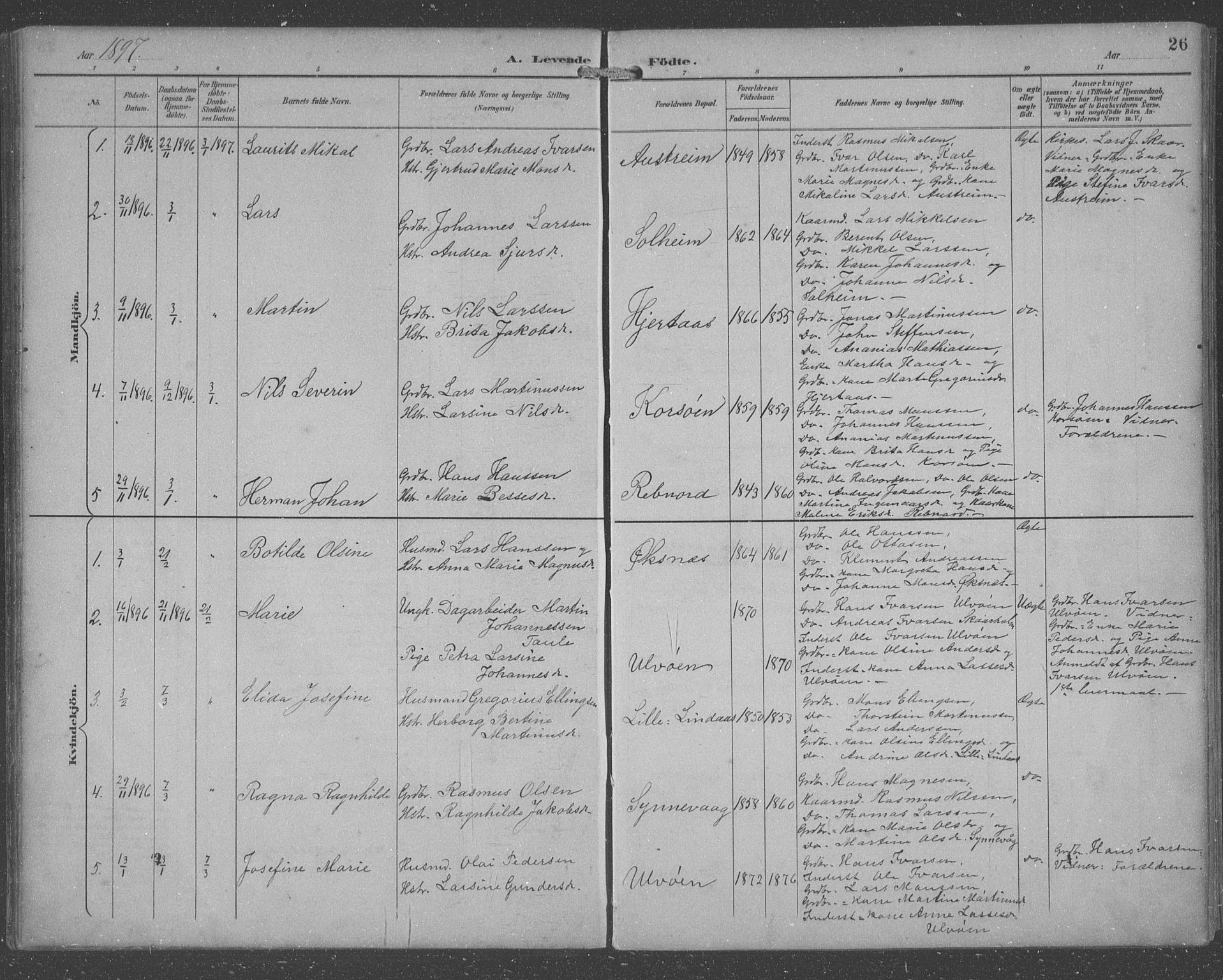 Lindås Sokneprestembete, SAB/A-76701/H/Hab: Parish register (copy) no. C 4, 1894-1910, p. 26