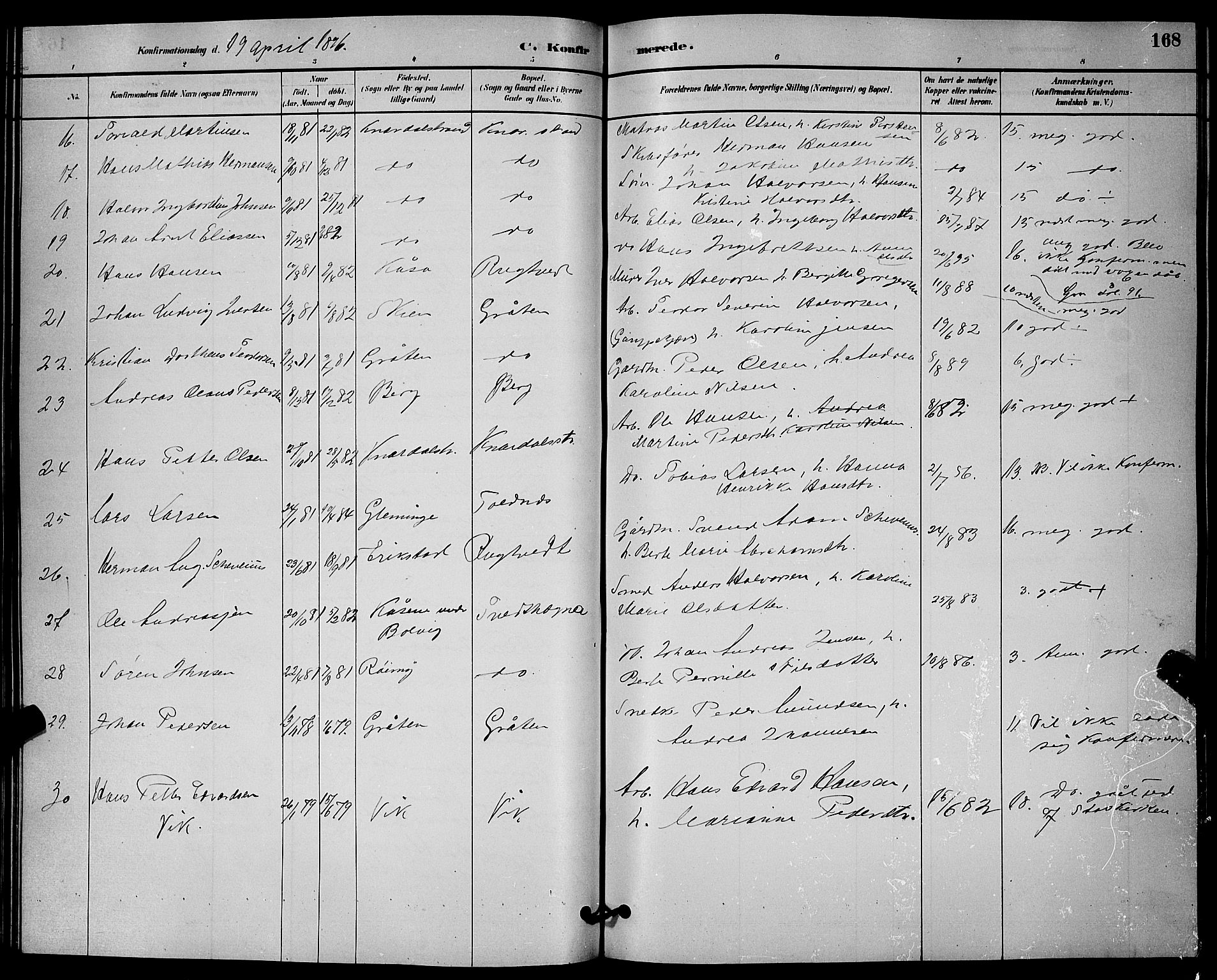 Solum kirkebøker, SAKO/A-306/G/Ga/L0007: Parish register (copy) no. I 7, 1884-1898, p. 168