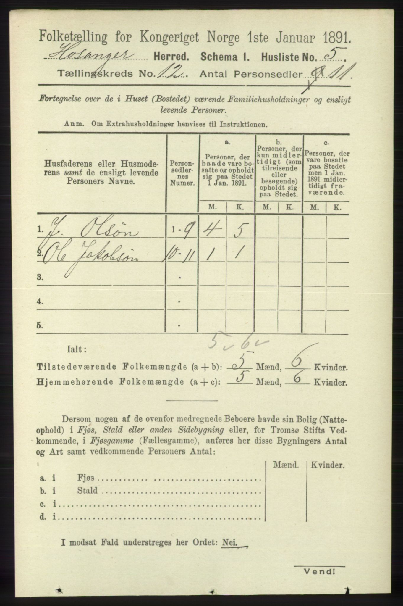 RA, 1891 census for 1253 Hosanger, 1891, p. 3965