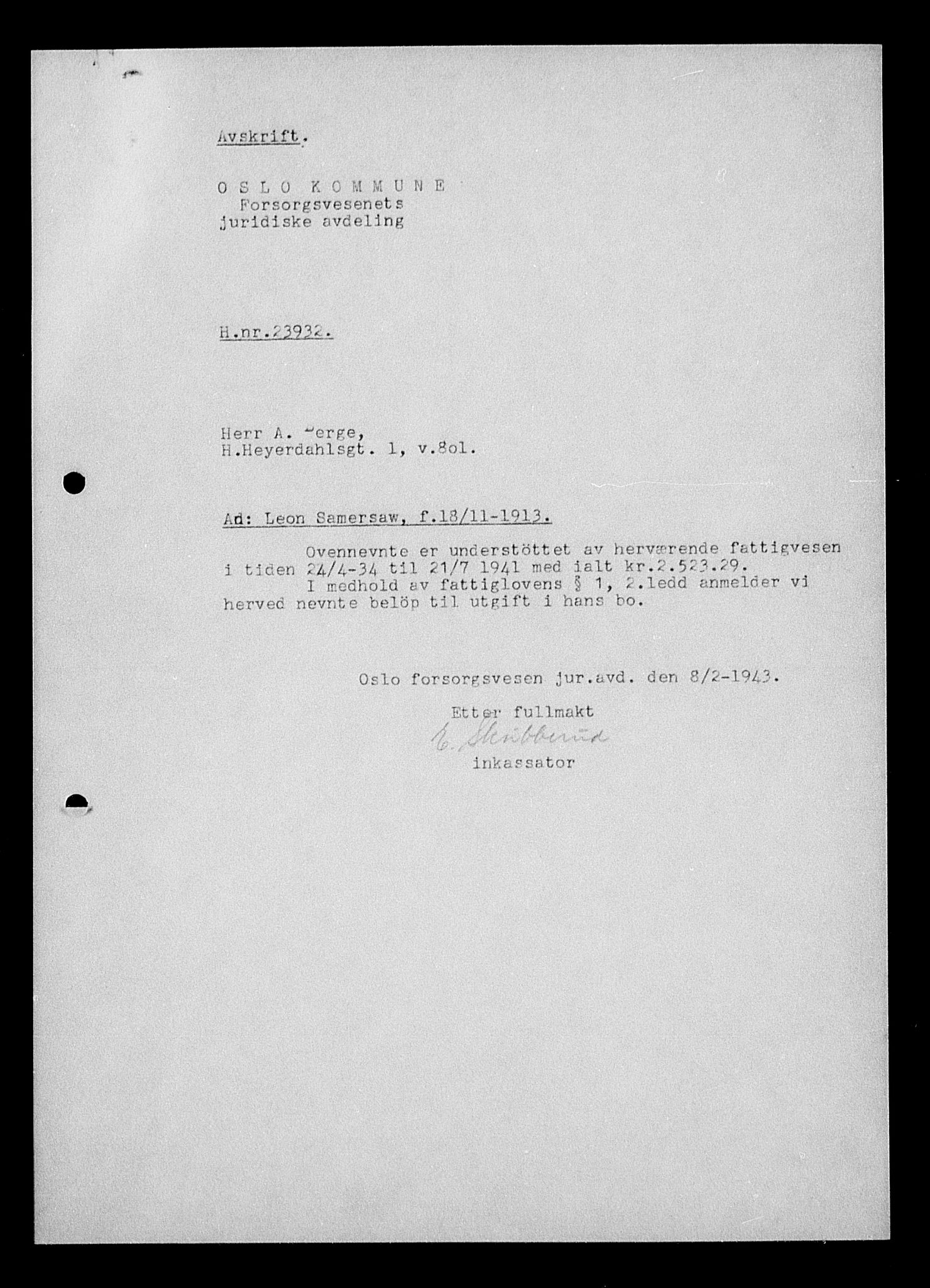 Justisdepartementet, Tilbakeføringskontoret for inndratte formuer, AV/RA-S-1564/H/Hc/Hcc/L0976: --, 1945-1947, p. 591